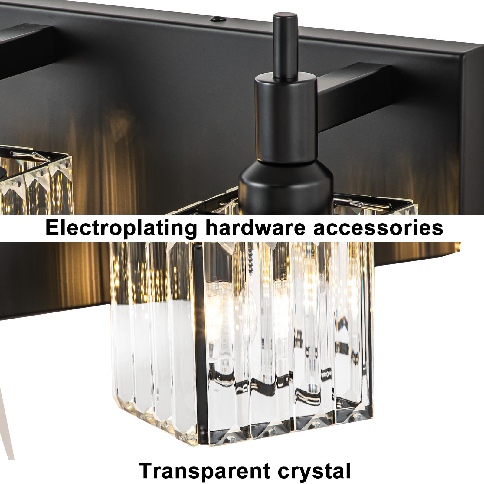 HUOKU Black Crystal 3-Light Bathroom Vanity Light Fixture Over Mirror, Metal with Square Shade