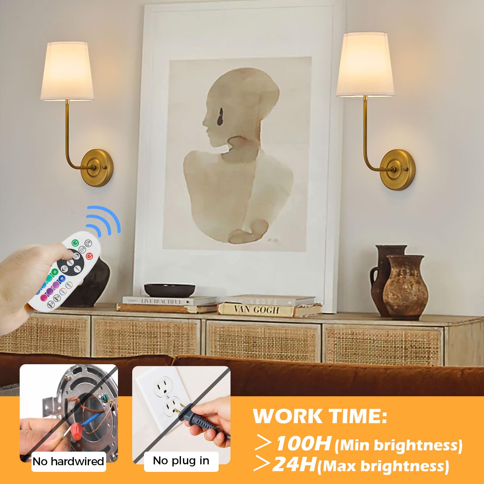 PASSICA DECOR Rechargeable Wall Sconces Set of 2, Antique Brass, Dimmable LED, 15 Colors, Remote Control, Model U102-02-DP