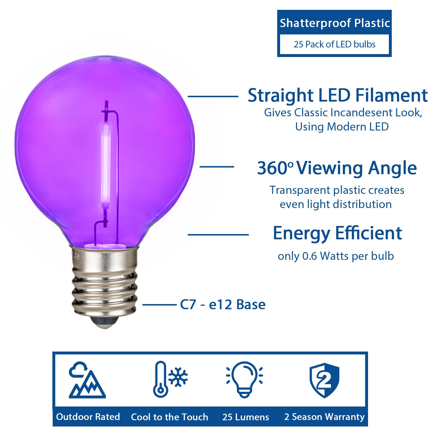 Novelty Lights 25 Pack Purple G40 Led Filament String Light Bulbs  E12/C7 Candelabra Base  5 Watt Equivalent  Shatterproof Replacement Bulbs For Patios  Canopy Lighting