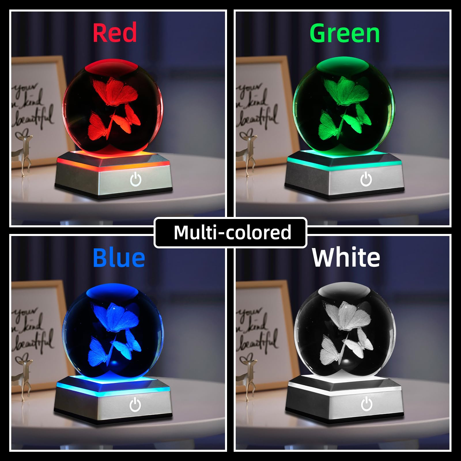 Oriamde 3D Butterfly Crystal Ball Night Light 3.15 Inch Butterfly Figurines Glass Ball Table Lamp With Color Changing Touch Base