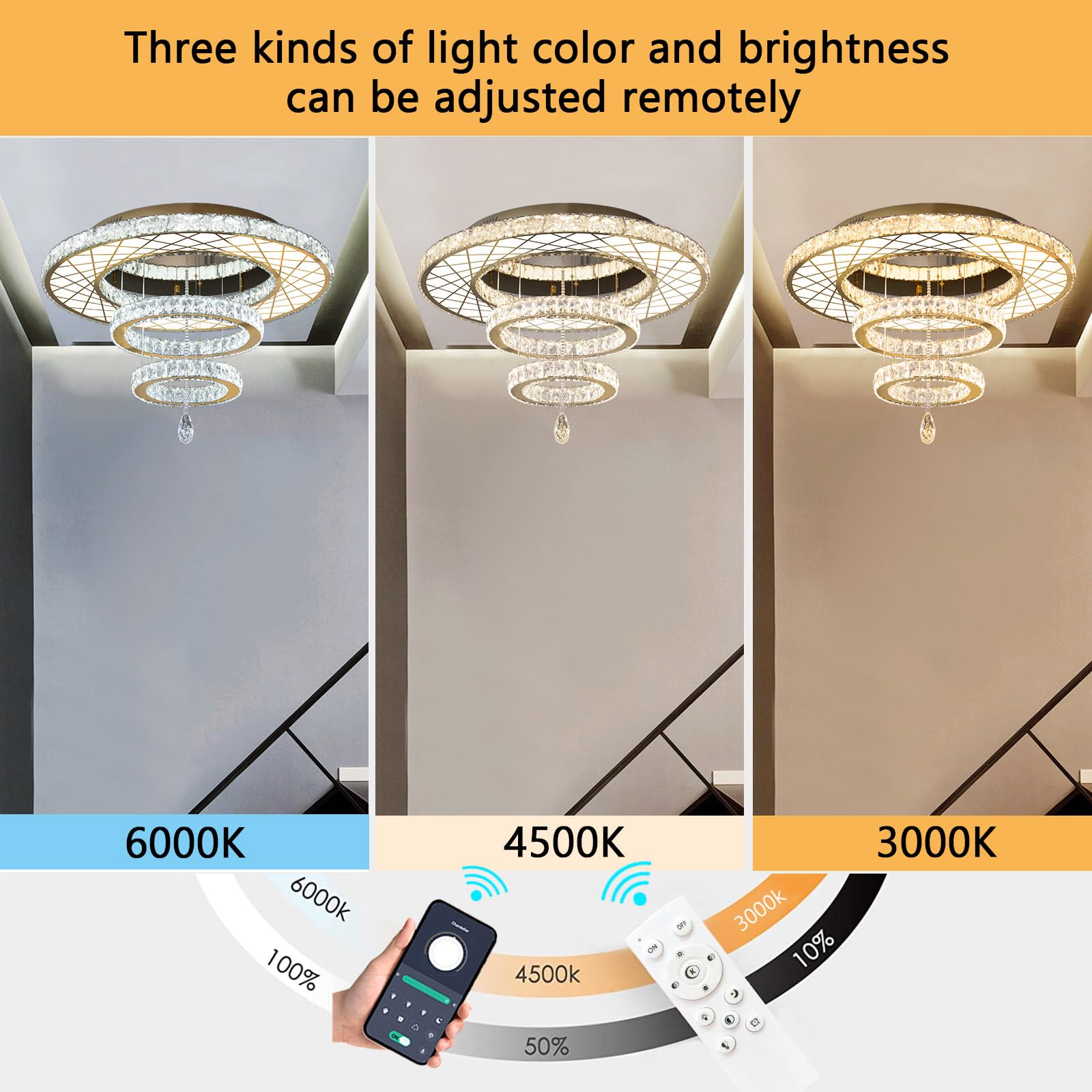 Haixiang Led Modern Chandeliers - Dining Room Crystal Ceiling Mounted Lights - Bedroom Remote Dimmable Lights - 2700K & 6000K