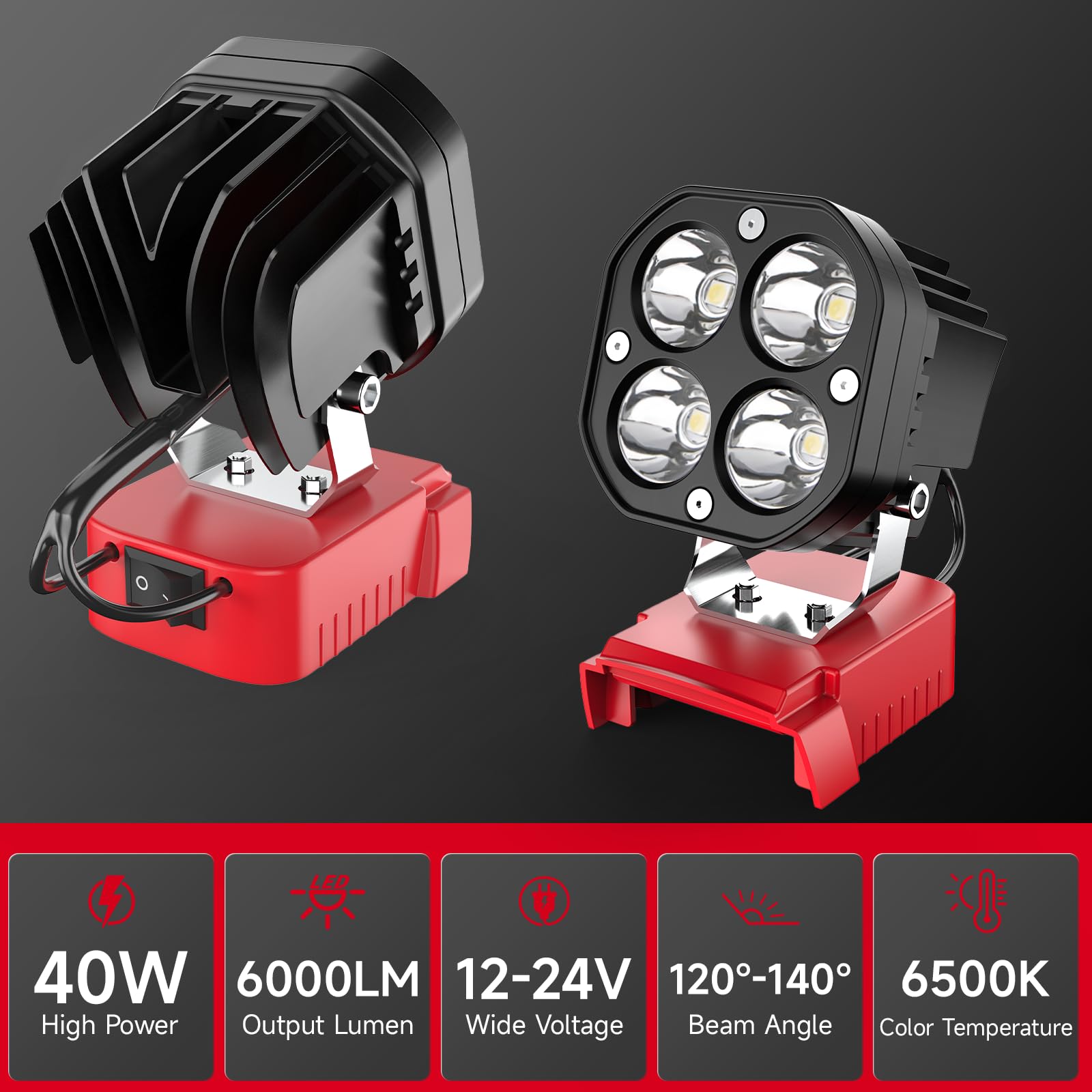 2 Packs Led Work Light Compatible With Milwaukee 18V Battery, 40W 6000Lm Flashlight,18V Battery Cordless Work Light 120Adjustabl