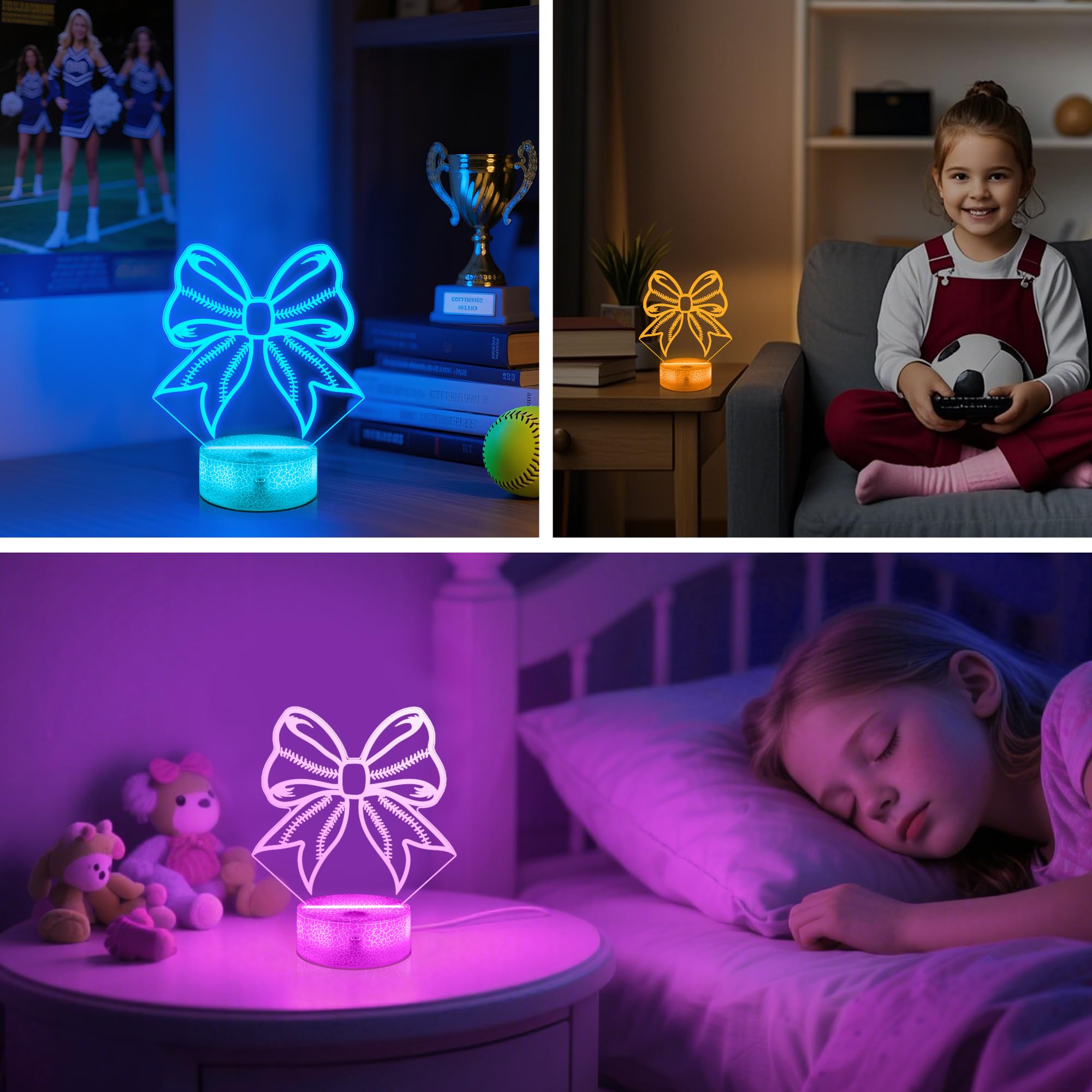 OkiyiD Softball Bows Night Light 3D Illusion Lamp, 16 Colors, Remote Control, Acrylic, Pink, Model OKD-2810-9999