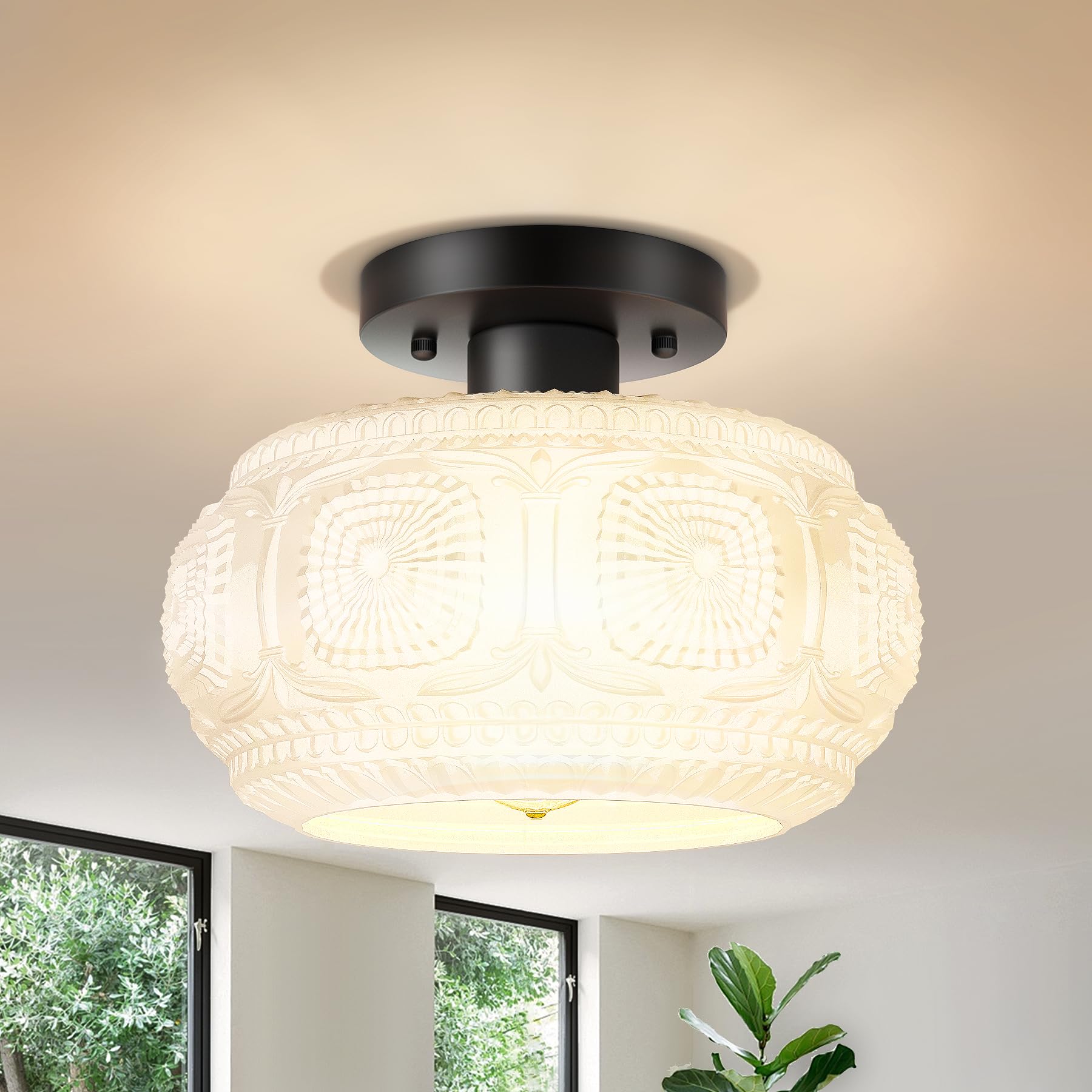 OYKYOHEI Semi Flush Mount Ceiling Light, Milk Glass Shade Modern Ceiling Light Fixture, Vintage Black Lighting for Hallway Bedro