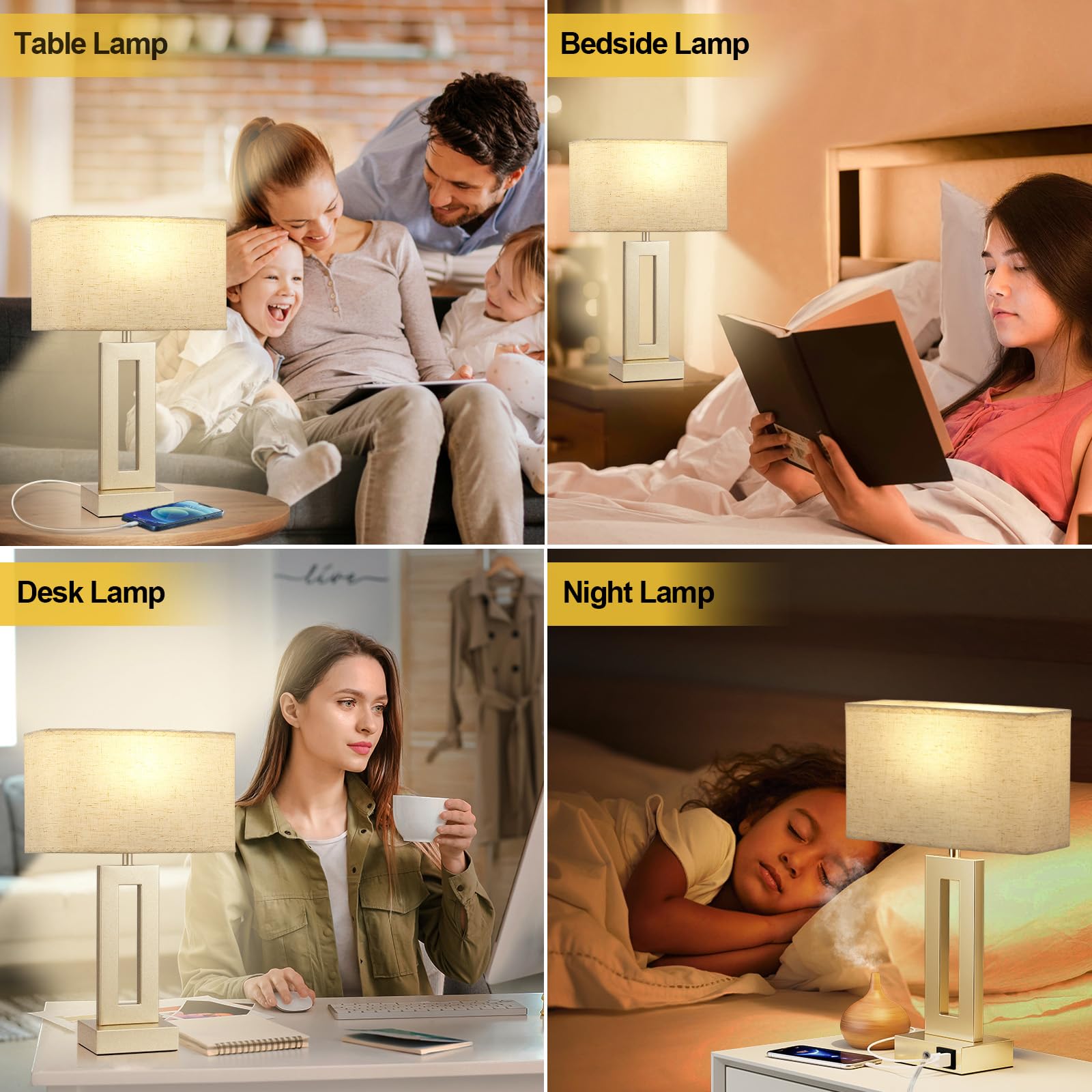 Bedroom Table Lamps Set Of 2 - Beige Gold Touch Bedside Lamps With Usb C+A, 3 Way Dimmable Gold Lamp For Nightstand, Modern Nigh