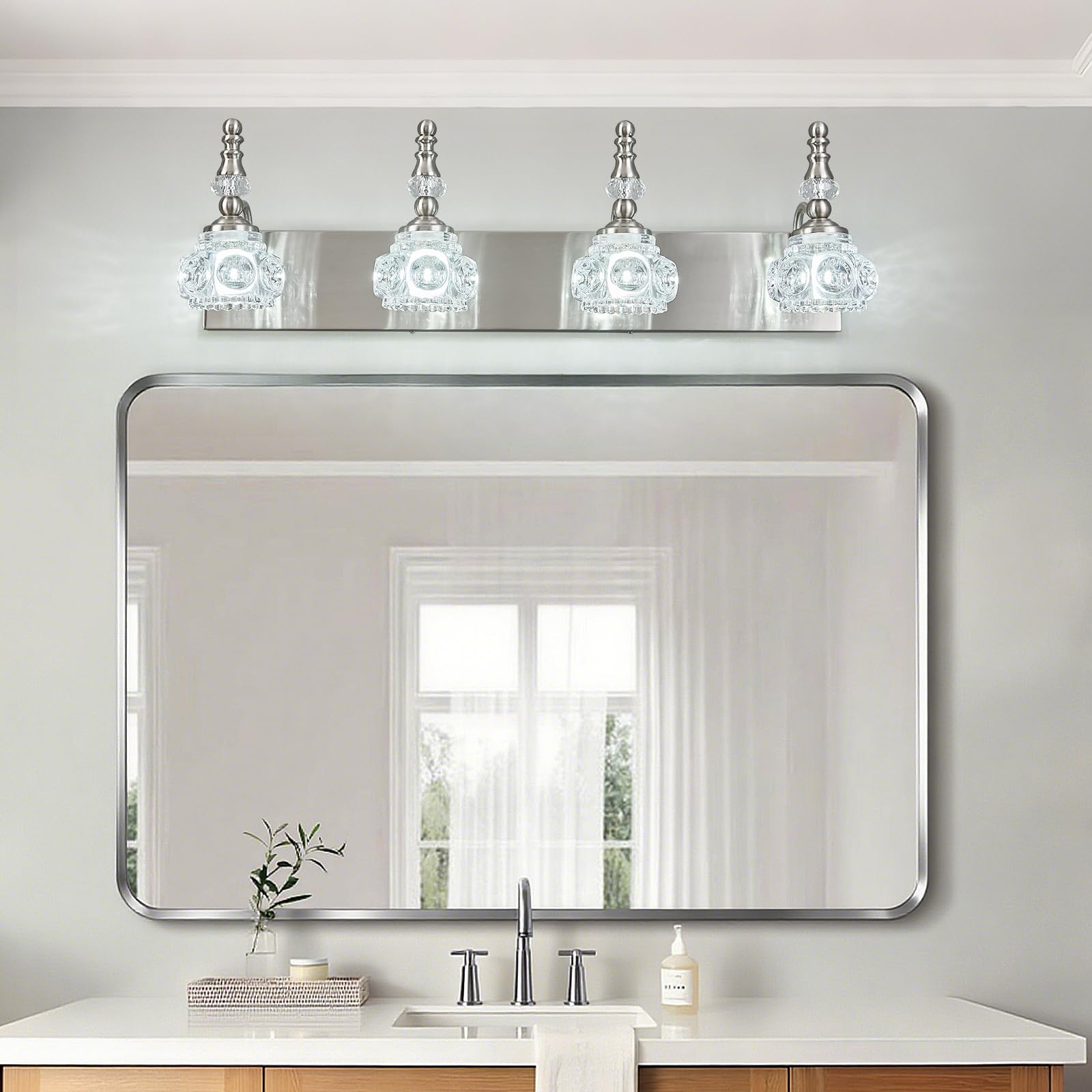 Lbsqj Modern Glass Crystal Vanity Light - Vintage Bathroom Lighting Fixtures Over Mirror  4 Light Vanity Lights G9 Bulb (27.55 Inch  Nickel)