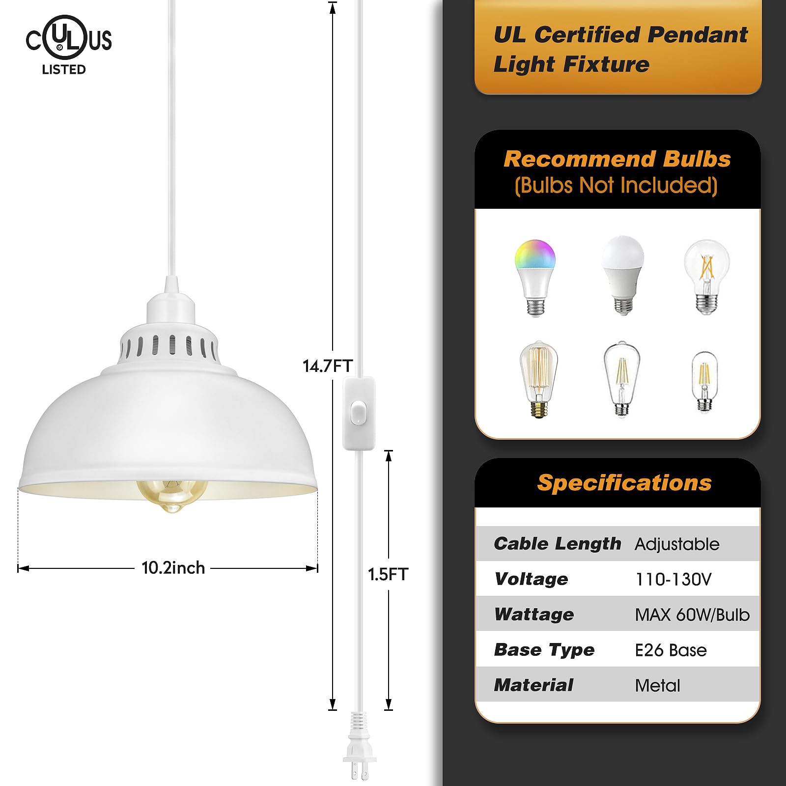 SoodMi Plug-in Pendant Light - 15FT Industrial Metal Hanging Lamp, Big White, with On/Off Switch, Model PLDG-0015 for Living Room & Kitchen
