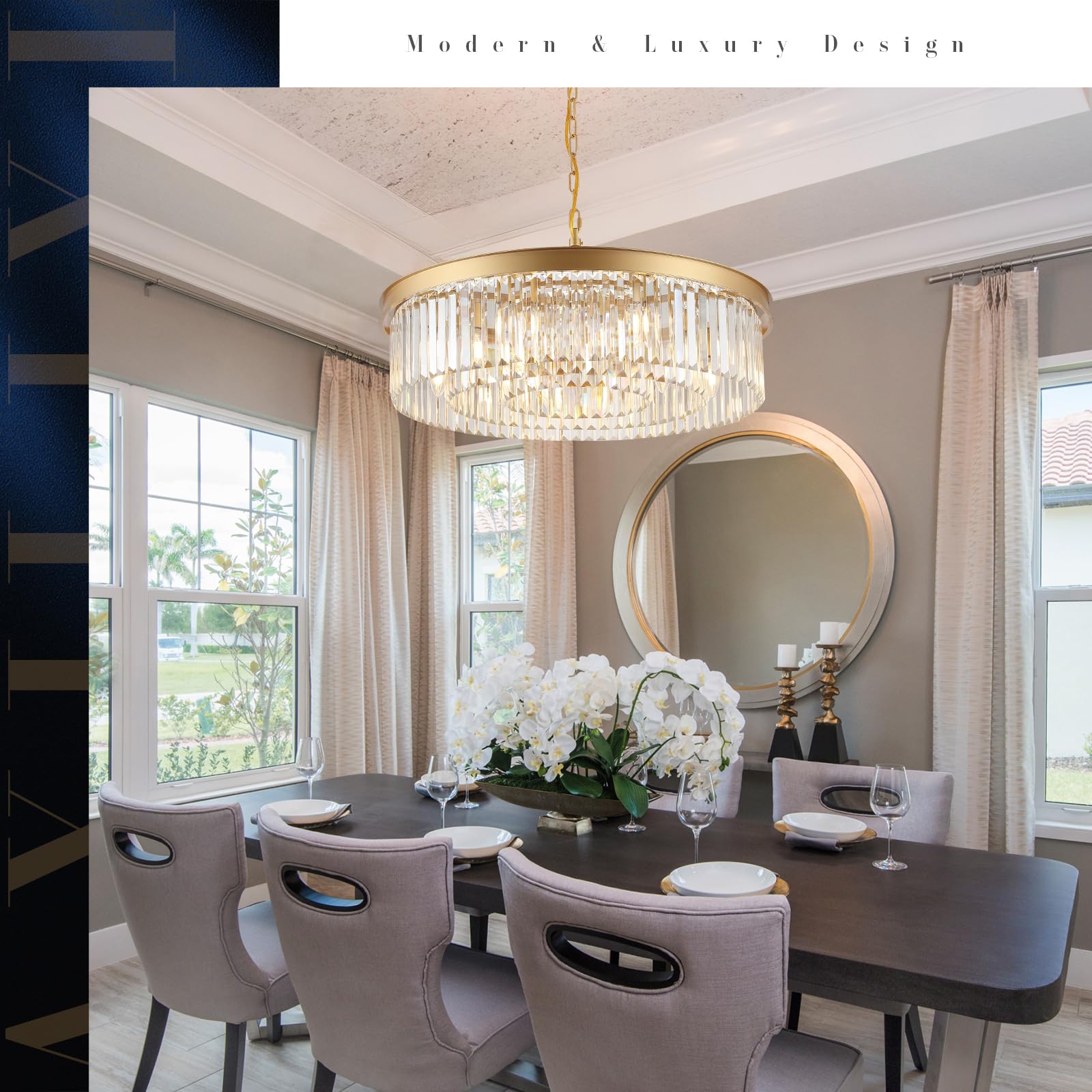 A AXILIXI 30" Gold Crystal Chandelier, 12-Lights, Modern Round Design, Brass Metal, Model 88317, Ideal for Dining Room & Entryway