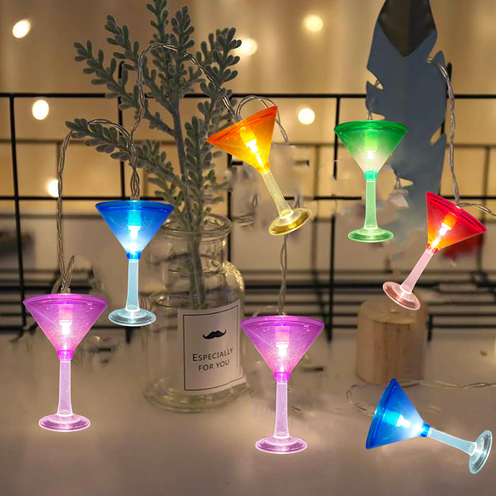 Cocktail Glass String Lights - Summer Theme Outdoor Decoration With 10 Colorful Margarita Lights, Plug-In Beverage Cups Fairy Li