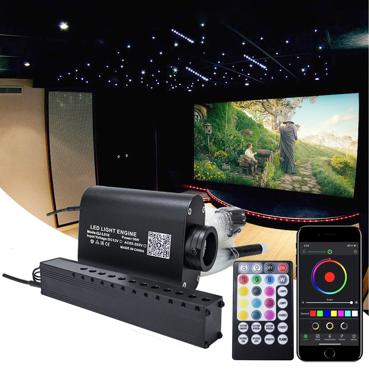 Amki 16W Fiber Optic Lights,Starlight Headliner Light Kit App/Remote Control Sound Activated Mode For Car&Home Decoration,Optical Fiber Cable Strands 0.75Mm/0.03In 9.8Ft/3M 450Pcs