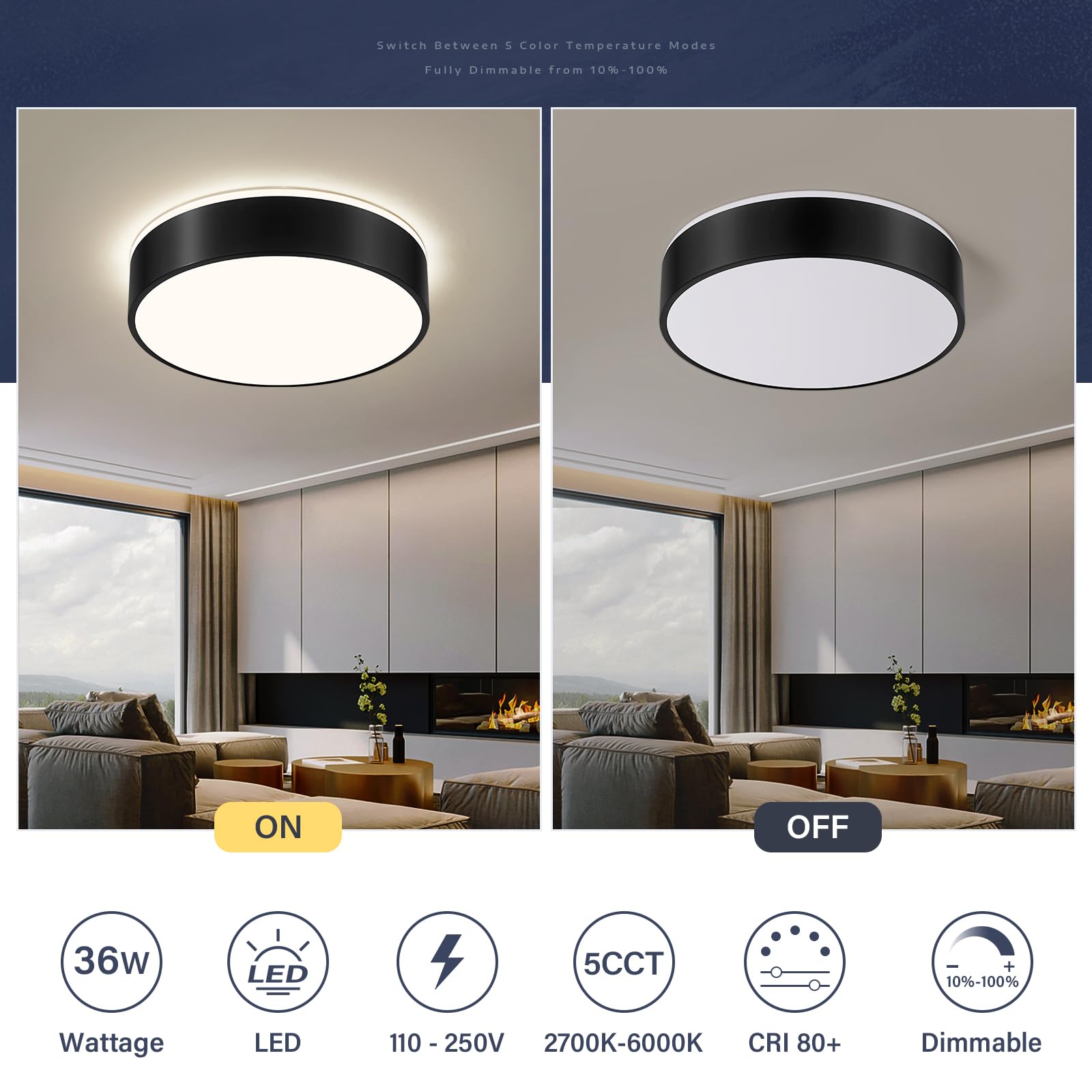 Peblto Dimmable Black Led Ceiling Light, 2700K-6000K Modern Flush Mount Lamp, 15.7