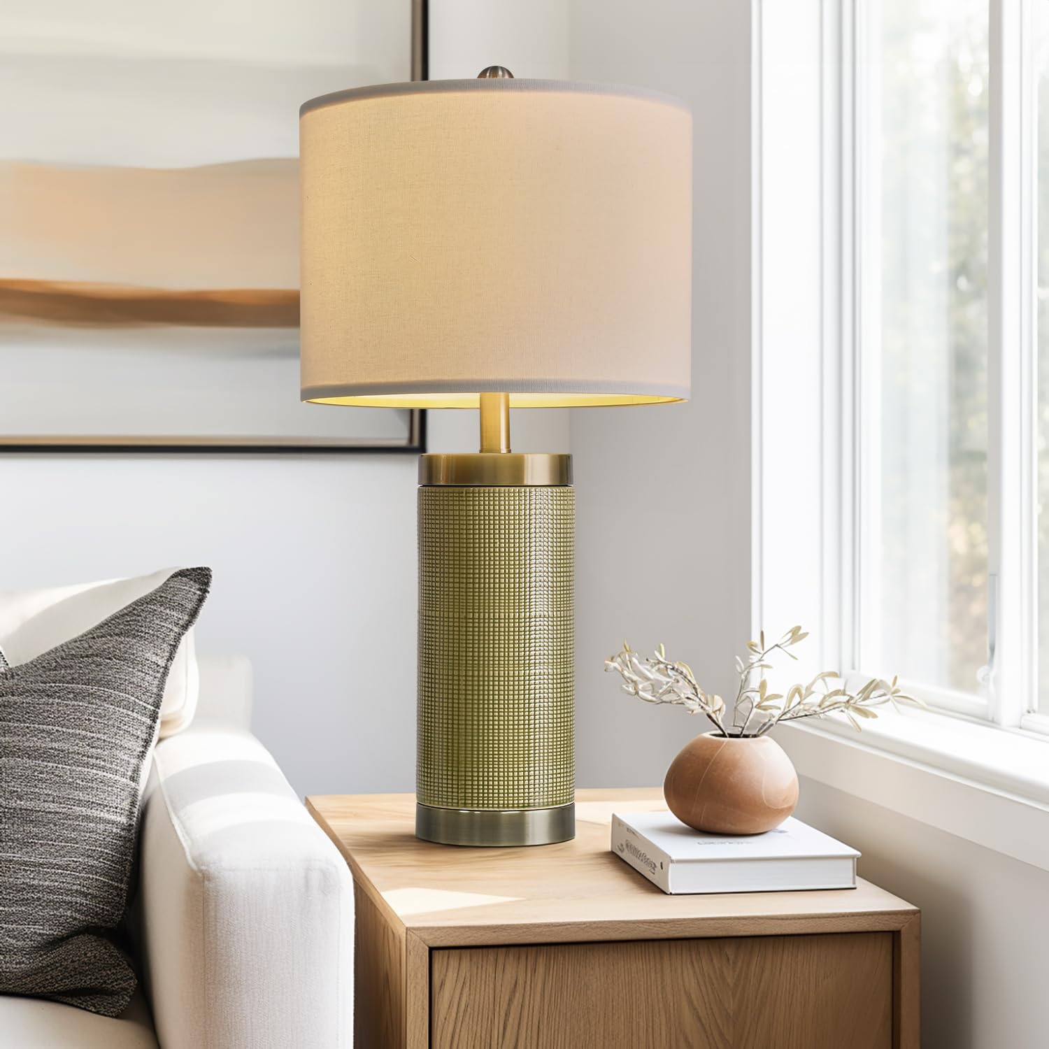 Usumkky 24.5" Modern Ceramic Light-Green Single Bedside Lamp For Bedroom Decor Farmhouse Table Lamp For Living Room Office Dorm