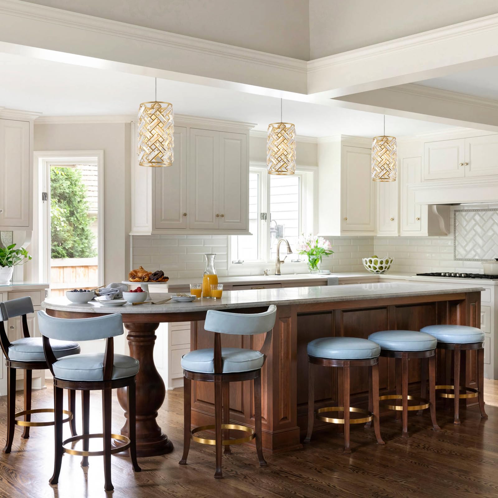 Catiner Modern Crystal Pendant Light Fixture 3-Pack Gold Finish Hanging Lighting Crystal Chandelier For Kitchen Island