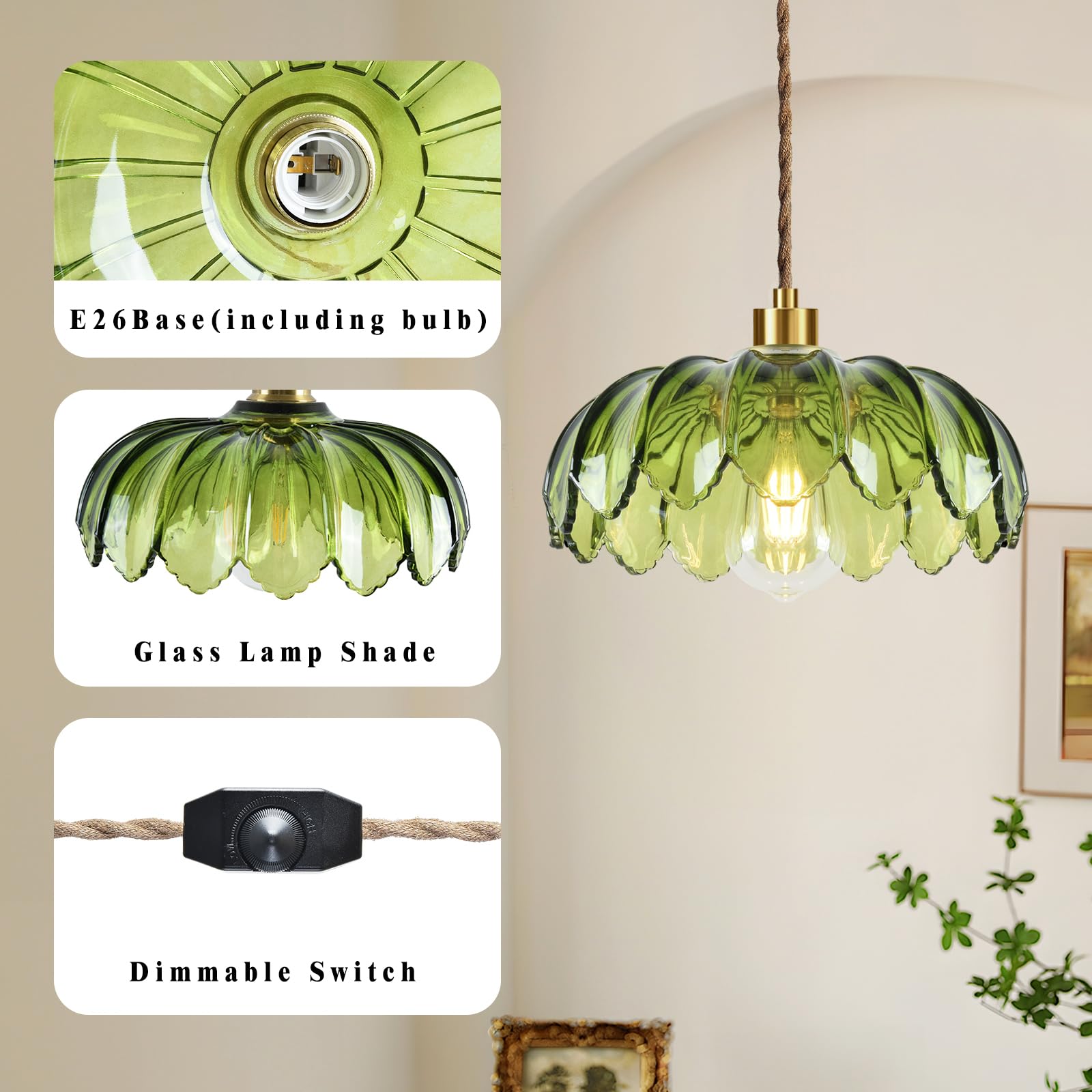 QIYIZM Pendant Light Dimmable Glass Chandelier 12in Gold Green Vintage Boho for Living Room, Kitchen