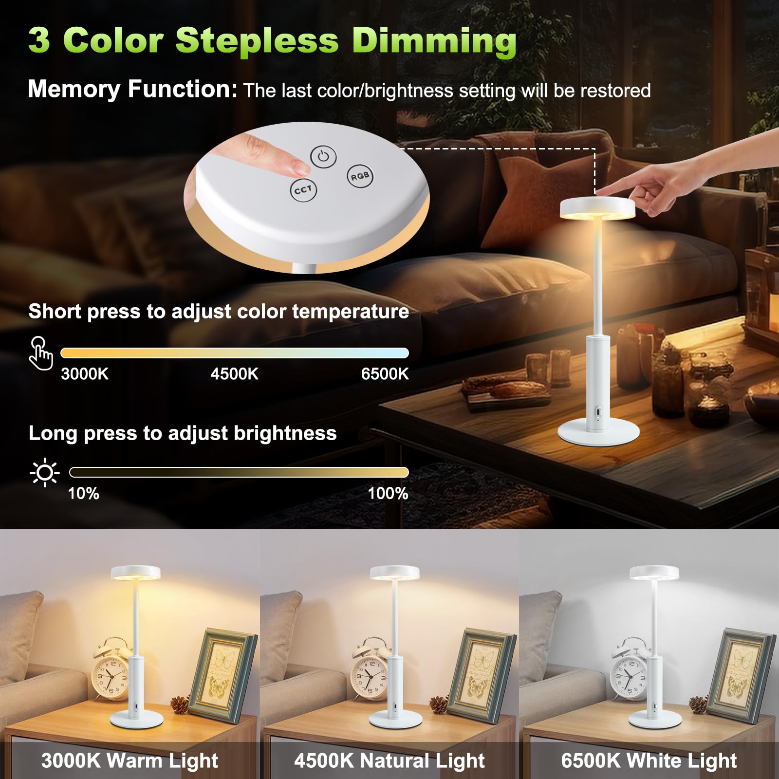 Wowag Cordless Table Lamp,Portable Rechargeable Battery Desk Lamp,3 Cct & 7 Rgb Color Changing Dimmable Bedside Lamp,Touch Contr