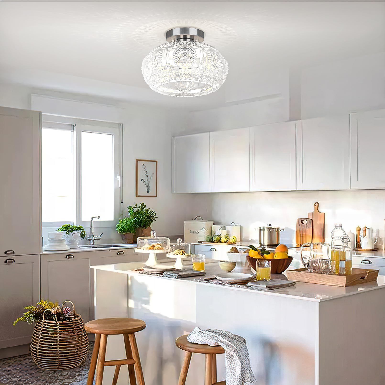 Oykyohei Semi Flush Mount Ceiling Light, Upgraded Larger Brushed Nickel Glass Ceiling Light Fixture, Vintage Lighting For Hallwa