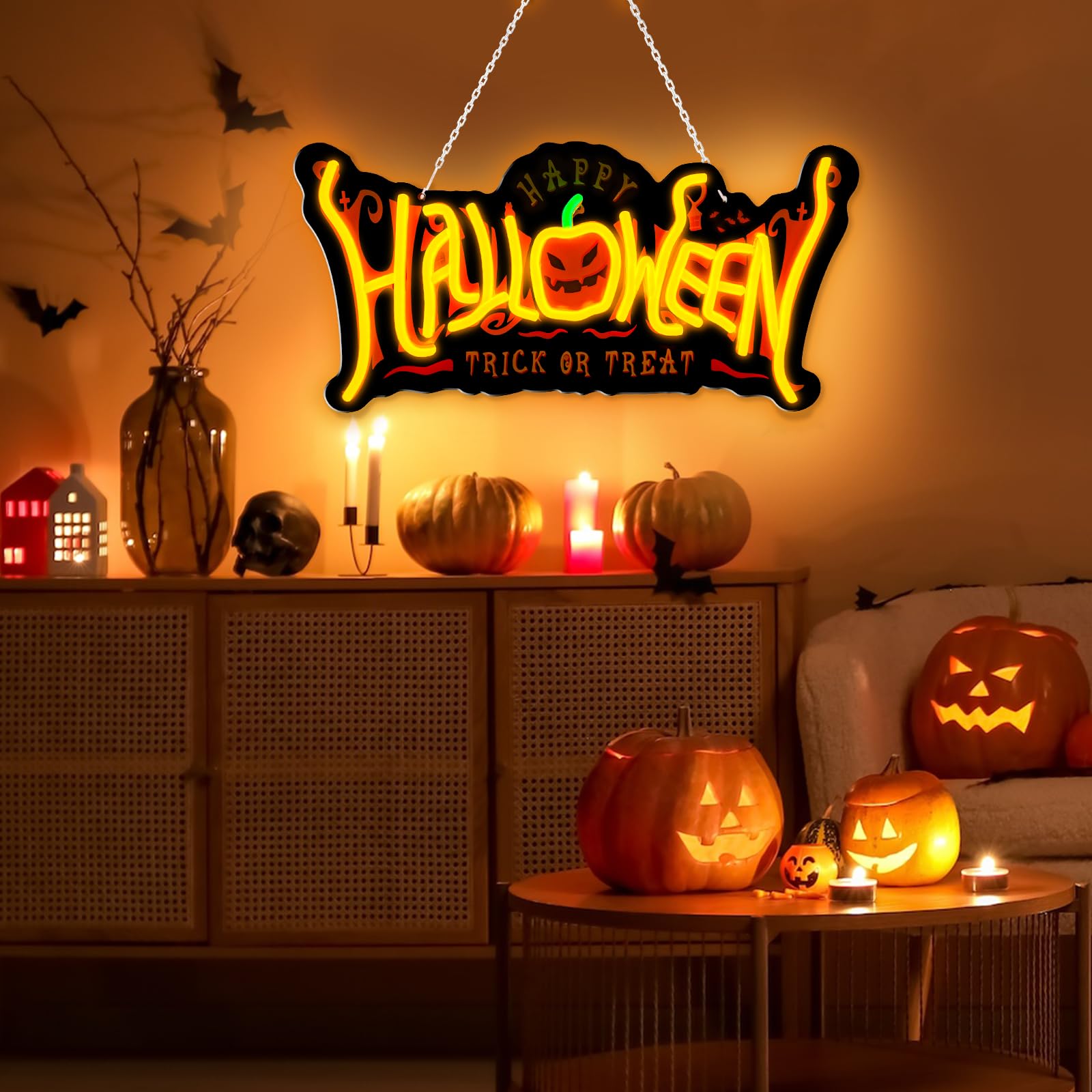 Kraftzoo Neon Pumpkin Sign, USB Powered, 6 Brightness Levels, Black + Orange, Model LE003A, Halloween Wall Decor