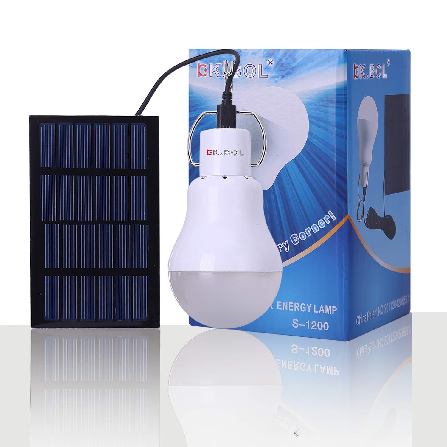 KK.BOL Solar Light Bulb - Rechargeable LED Lamp for Indoor/Outdoor Use, 1 Count, White, Model S-1200, Ideal for Camping and Emergency Lighting
