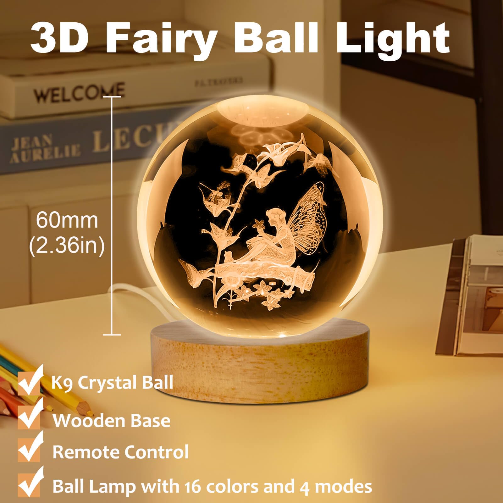 Linsina 3D Flower Fairy Crystal Ball Lamp,60Mm 16 Colors Crystal Ball Night Light With Wooden Base And Remote Control, Fairy Gif