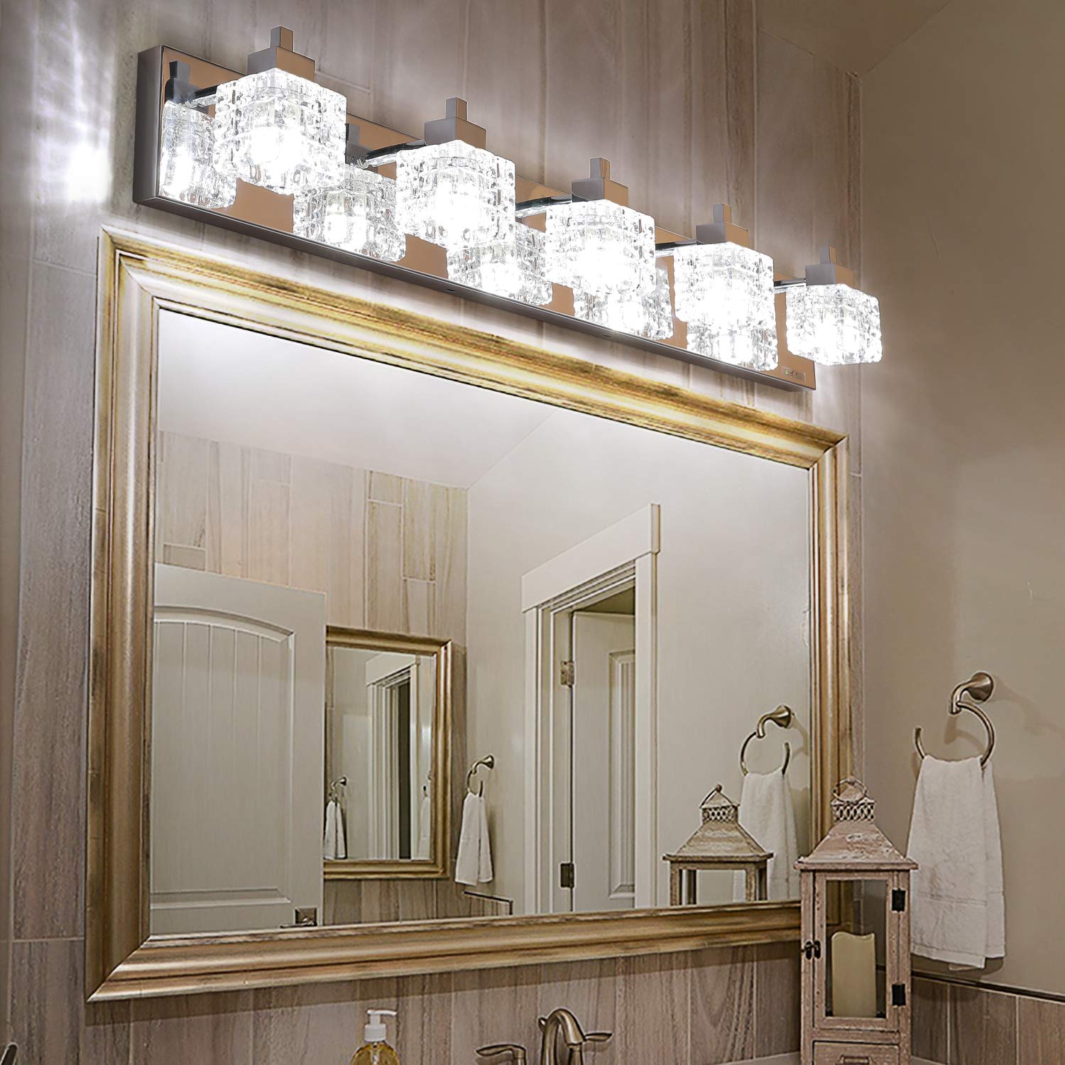 TRLIFE Bathroom Light Fixture, Modern 5-Lights Vanity Light, 32in Crystal Glass, Silver, Model Crystal-TS-5T