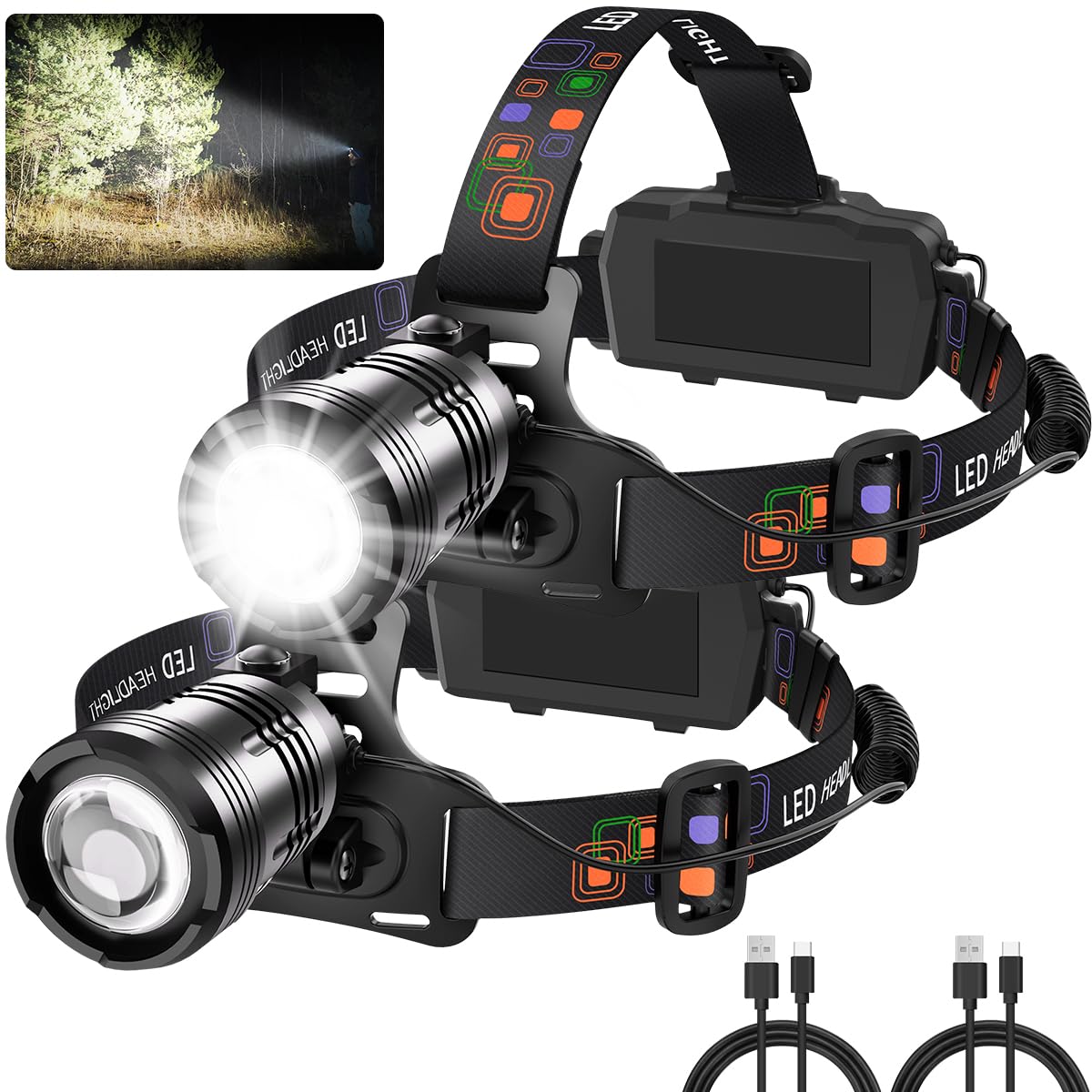 Headlamp Rechargeable 2Pack, 990000Lm Super Bright Head Lamp, Adjustable Focus Led Headlamp, 90?Angle Head Lights For Forehead,