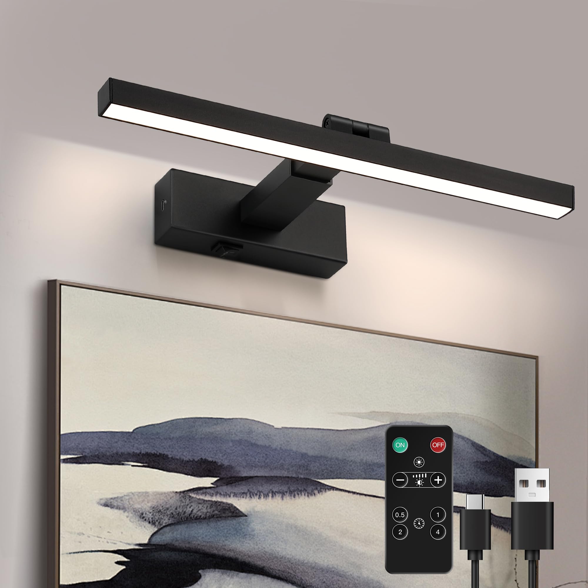 Zitostory Battery Operated Picture Lights For Wall Dimmable Wireless Art Lights For Paintings Led Wall Light Fixtures Adjustable Wall Sconce With Remote (Black, 16‘’)