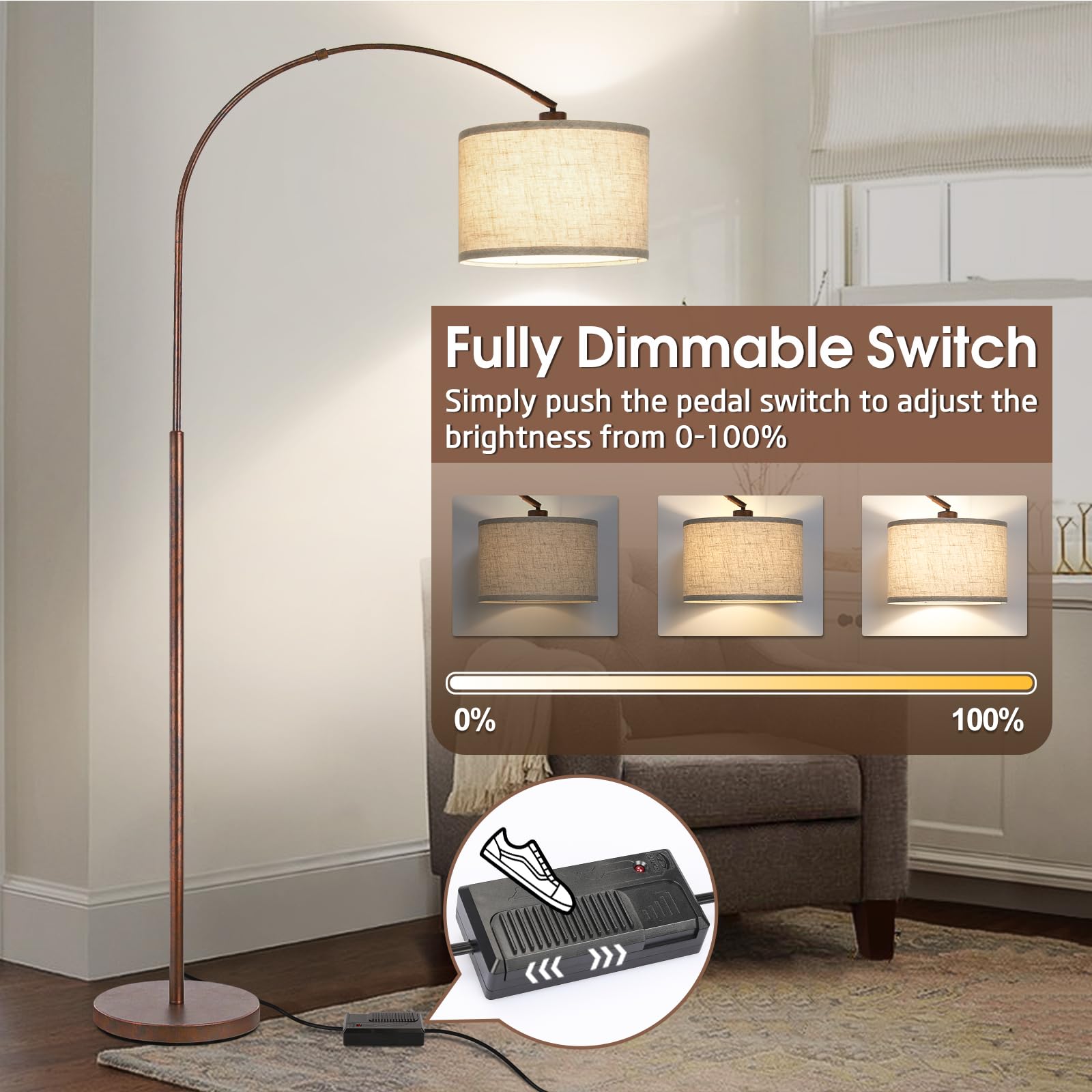 Dimmable Arc Floor Lamps For Living Room, Mid Century Floor Lamp, Antique Bronze Standing Lamp With Adjustable Hanging Shade, Ta