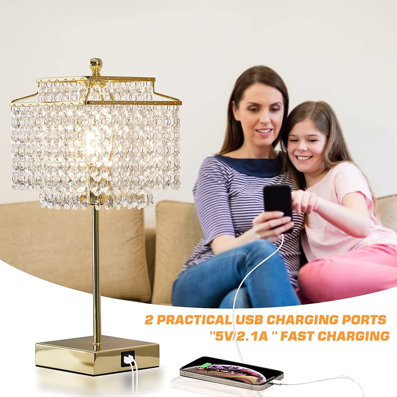 Luvkczc USB Crystal Table Lamp, Touch Control, 3-Way Dimmable, Gold, Includes 6W LED Bulb