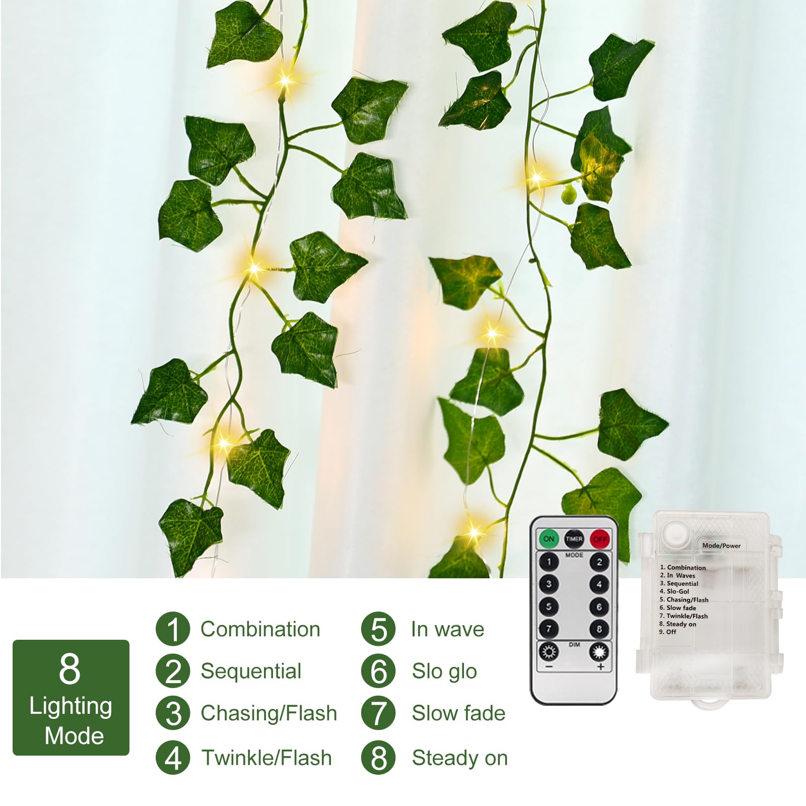 Yjfwal 33Ft Vine Fairy Lights With 100 Led 8 Mode Remote, Artificial Greenery Ivy Leaf Garland String Lights, Battery Operated Fake Vines For Bedroom Home, Garden, Party, Weddings, And Walls