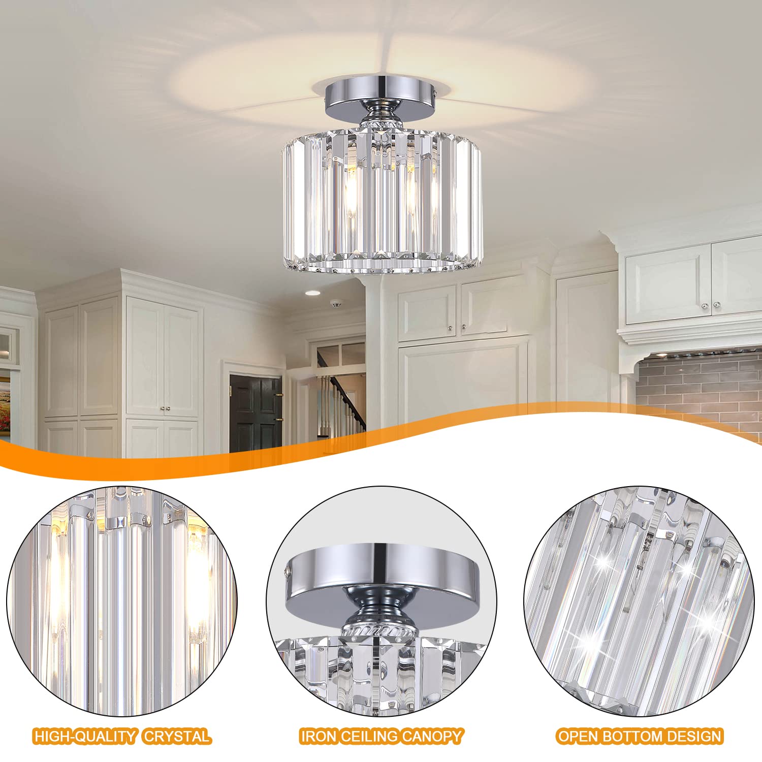 BUXVRCS Semi Flush Mount Chandelier, Crystal Ceiling Light Fixture, Silver, Model SJD-45 for Living Room, Bedroom, Bathroom, Kitchen