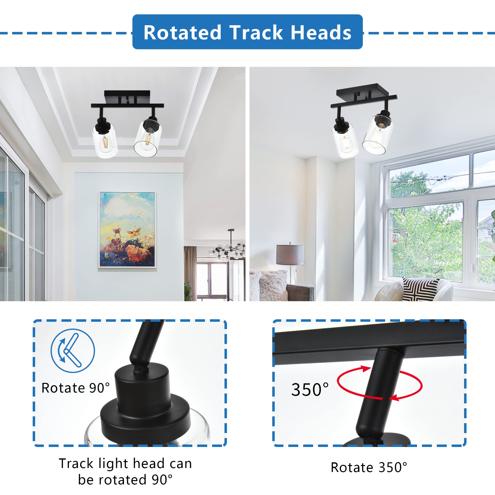 Melucee 2 Light Wall Scone Spotlight Semi Flush Mount Ceiling Light, 13.8 Inch Black Bathroom Lights Rotatable Track Lighting Kit For Hallway Porch Foyer Bath Storage, Clear Glass Shade