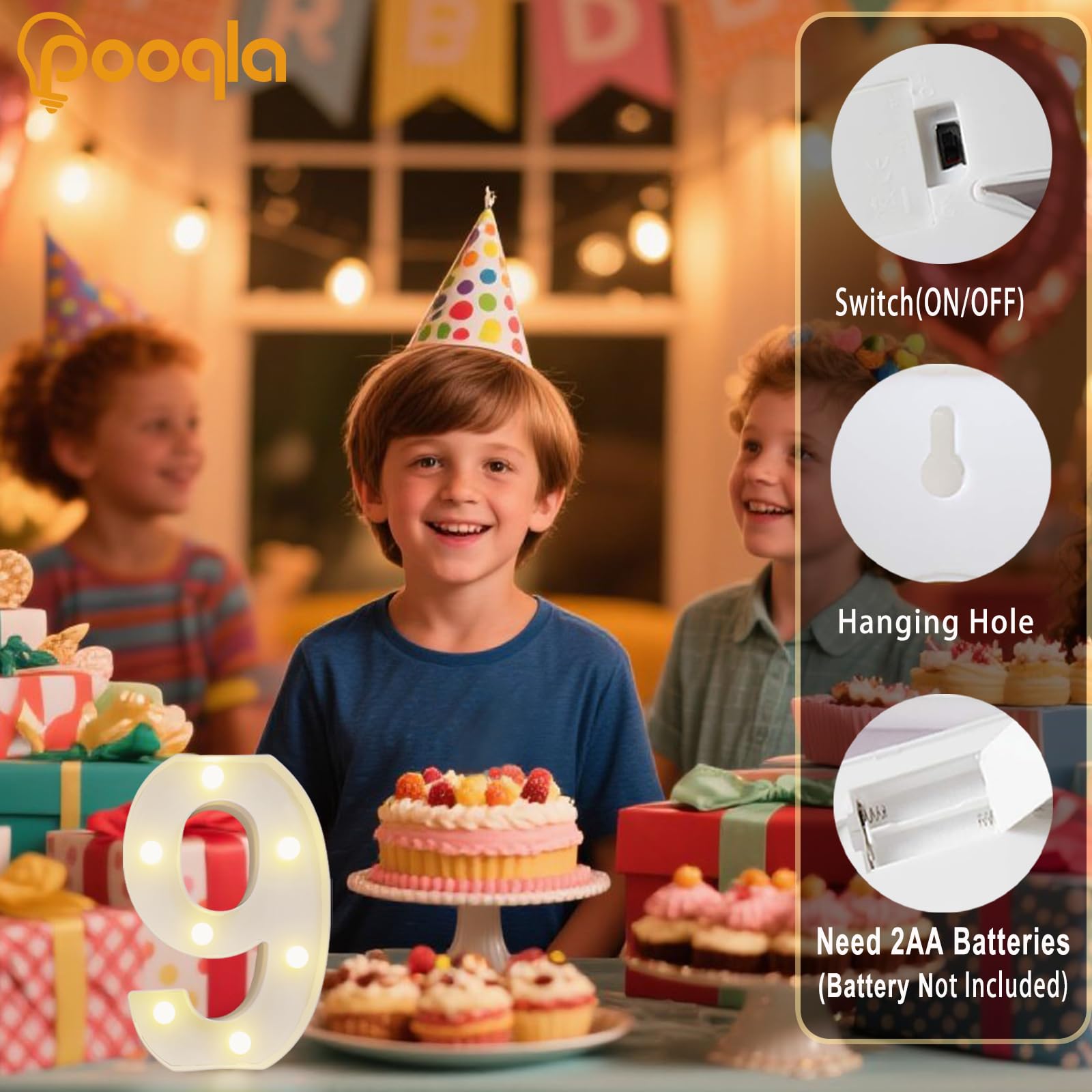 Pooqla Decorative LED Light Up Number (9) - White Plastic Marquee Sign - Warm White, Battery Operated