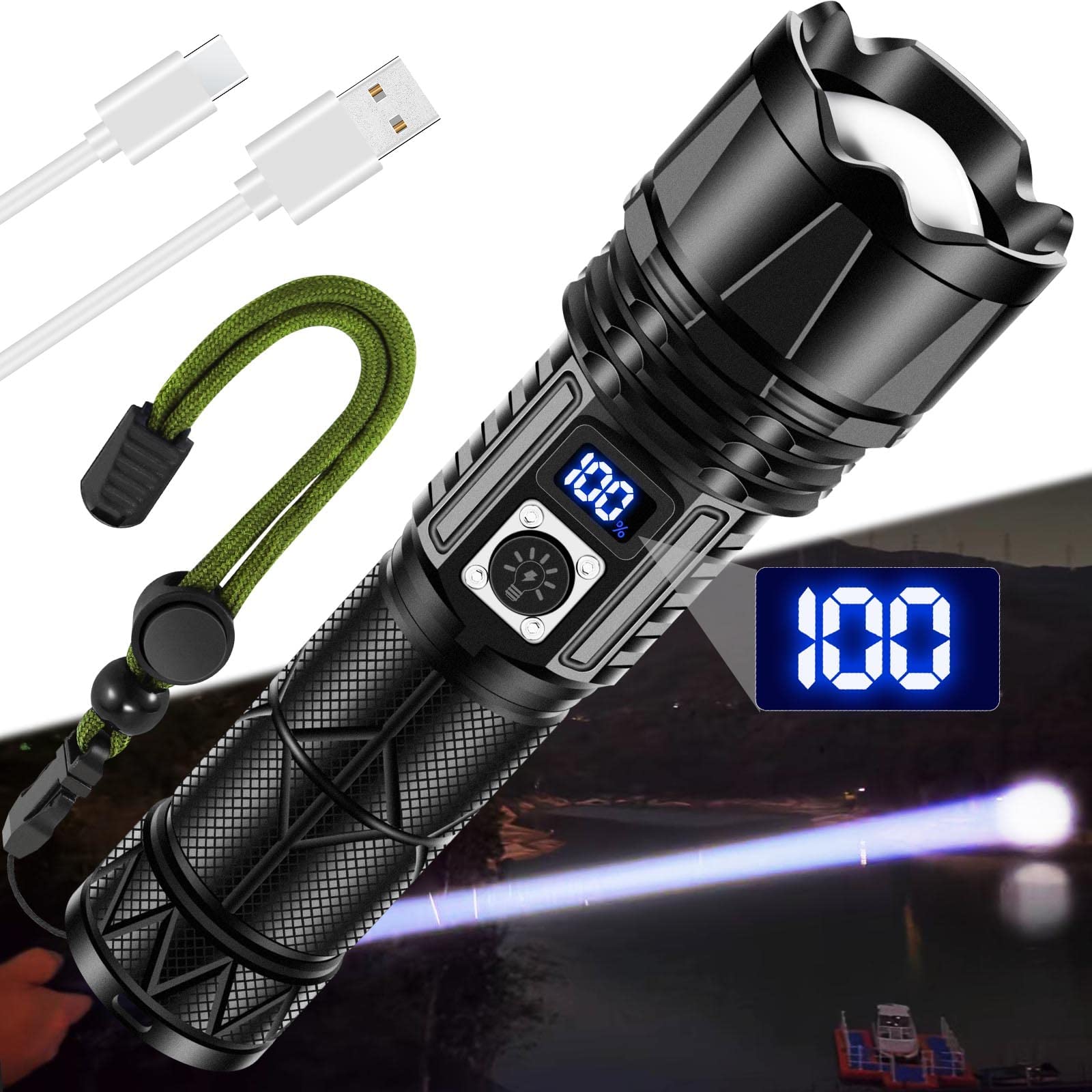 JAY-PARK Rechargeable LED Flashlight 1000000 Lumen, Anodized Aluminum, Small, Black, Model J100