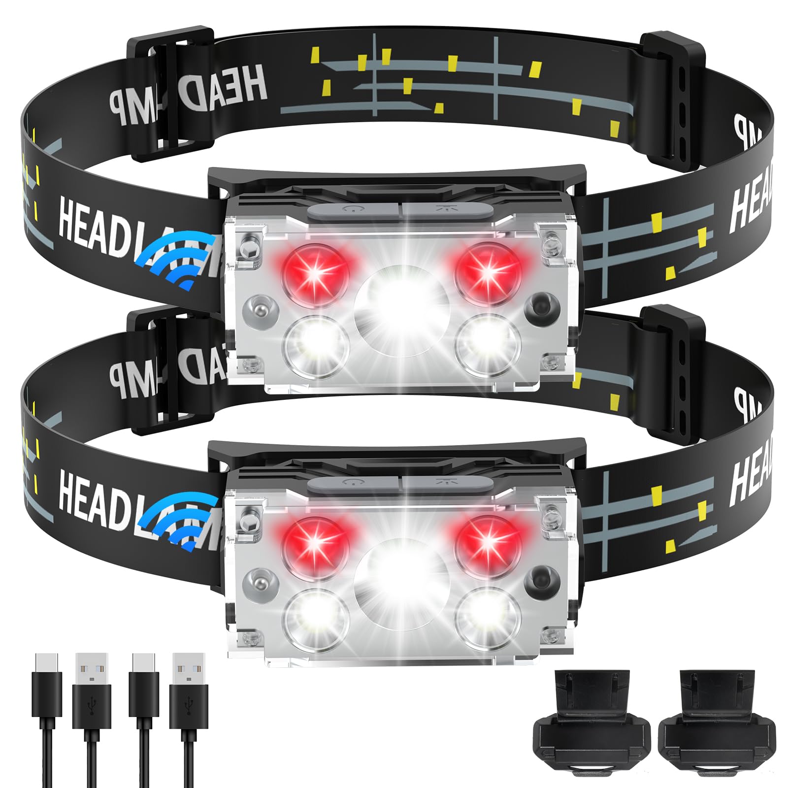 Dawinsie Headlamp Led Rechargeable (2 Pcs), Head Lamp With Motion Sensor, 6 Modes Waterproof Head Light Flashlight For Hiking, R