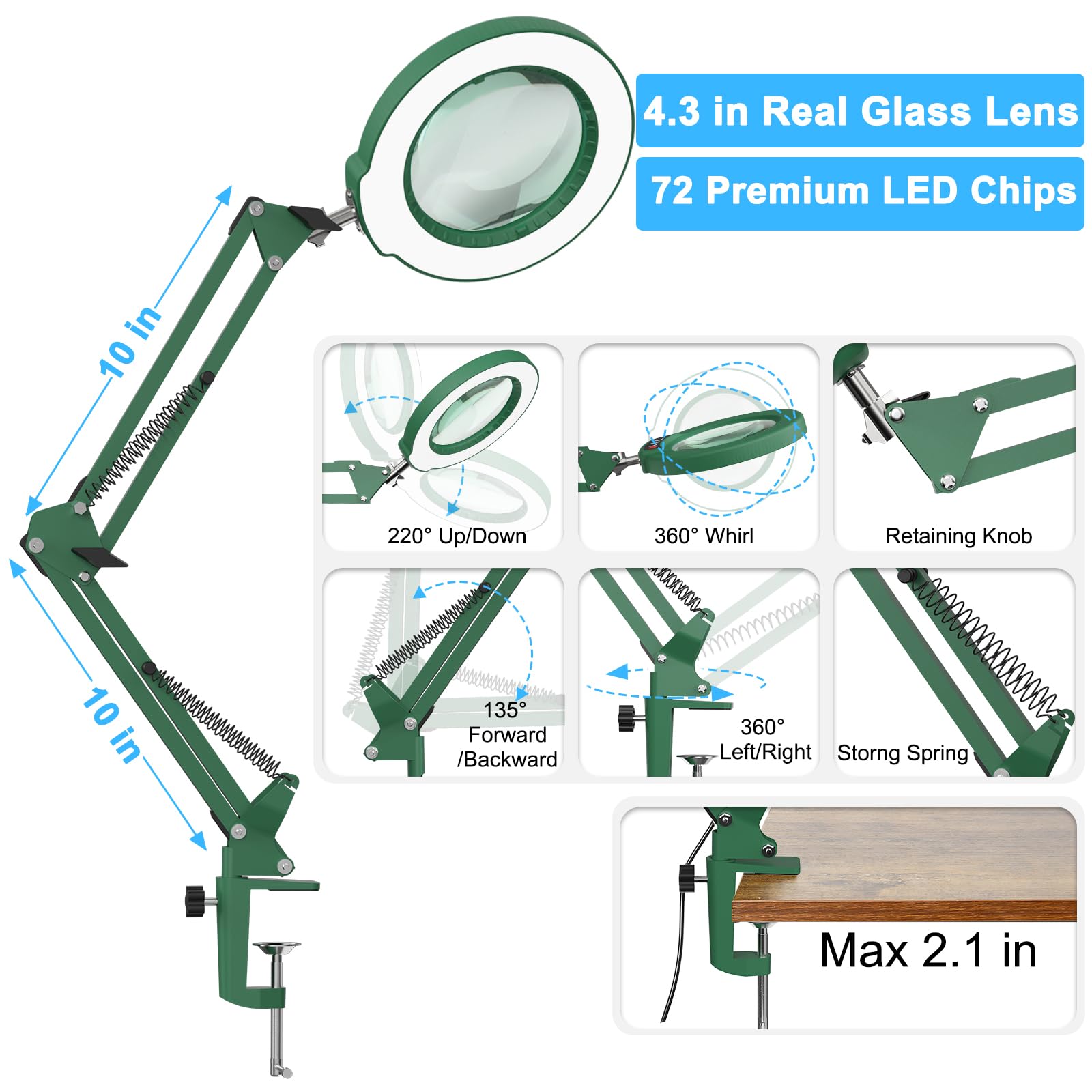 Coyeth 10X Magnifying Glass Desk Lamp with Light, Metal, Green, Stepless Dimmable LED, Hands-Free Clamp for Crafts and Reading