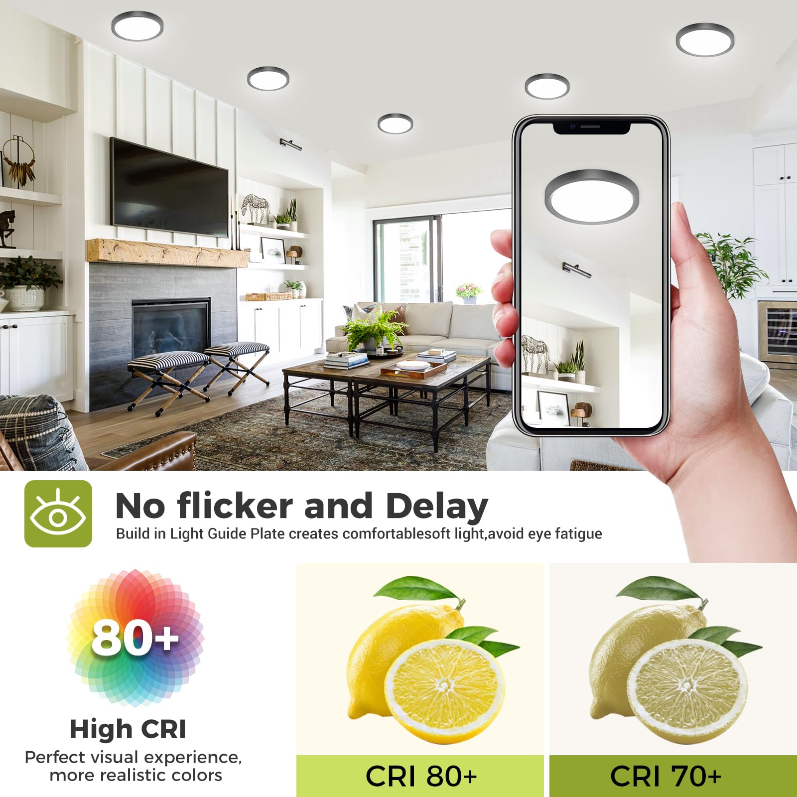 6Pack Flush Mount Led Ceiling Light Fixture Black, 6.5Inch 12Watt, Dimmable & 3000K-4000K-6500K 3 Color Selectable Ceiling Lamp