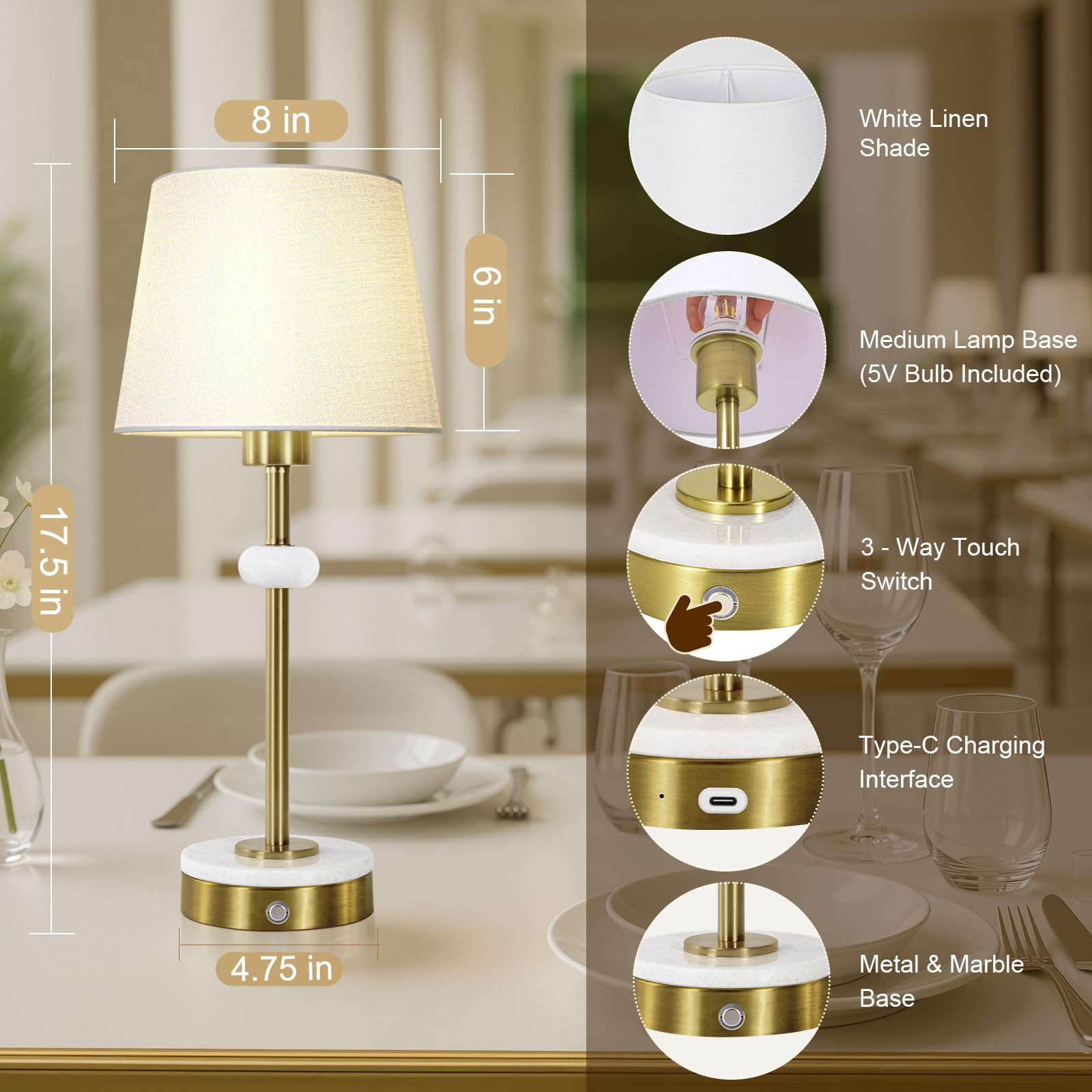 Gold Cordless Table Lamp Set Of 2 With Touch Dimmer,Rechargeable Table Lamp With Linen Shade,4400Mah Rechargeable Battery Powere