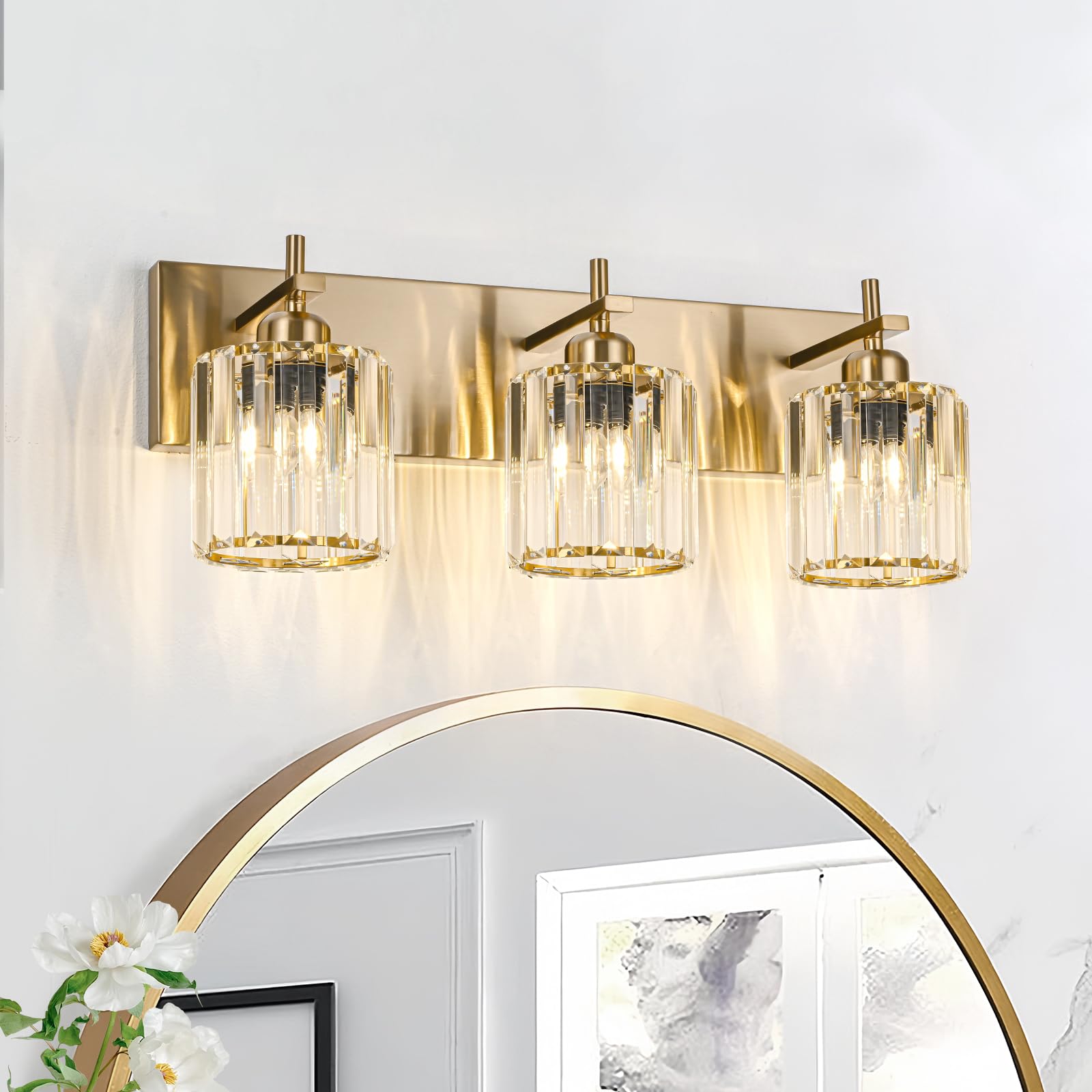 HUOKU Bathroom Vanity Lights, 3-Light Crystal Wall Lighting, Gold Finish, Metal and Crystal, Over Mirror Fixture