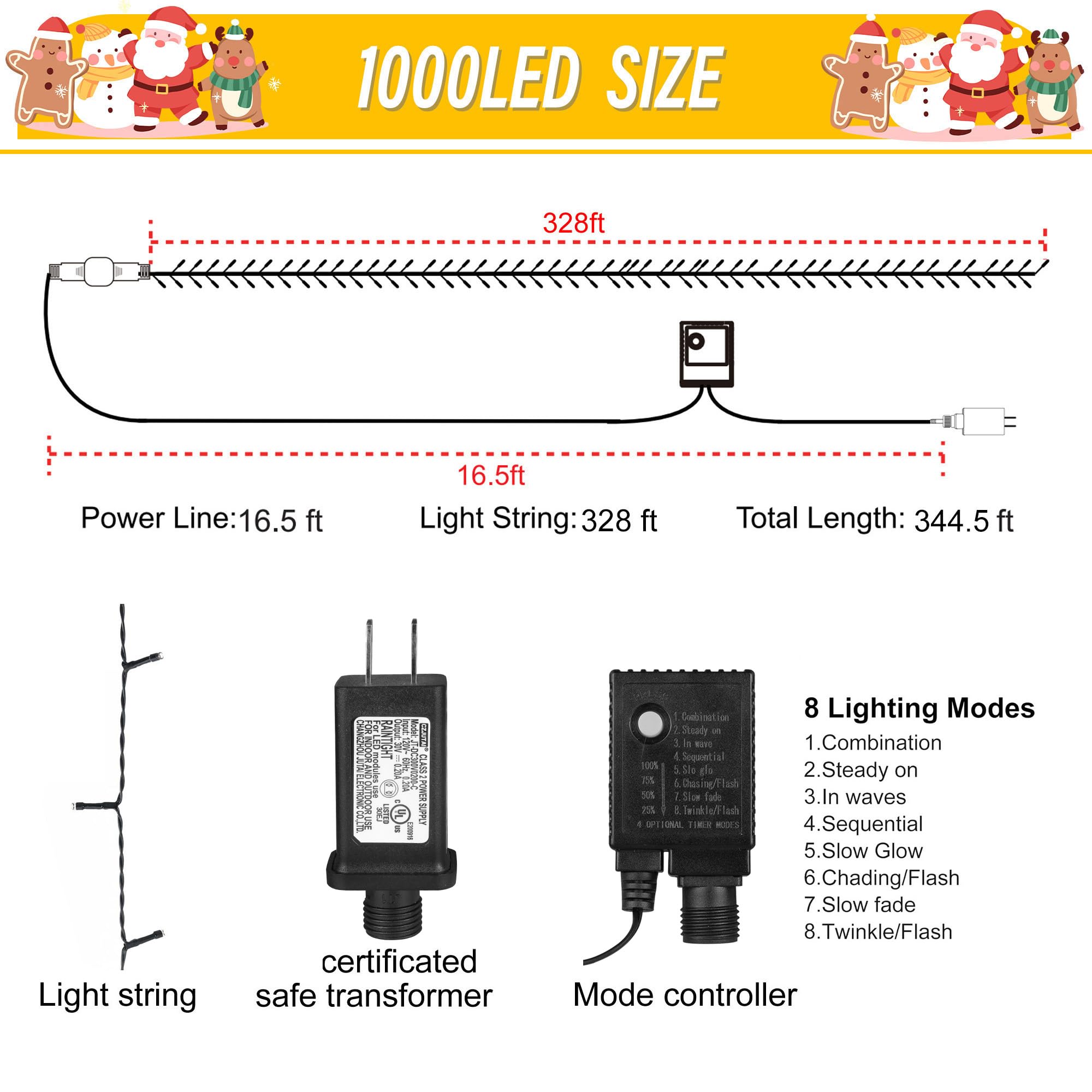 Weillsnow 328 FT 1000 LED Christmas String Lights, Waterproof, 8 Modes, Remote, Warm White, Model HB-1000COI