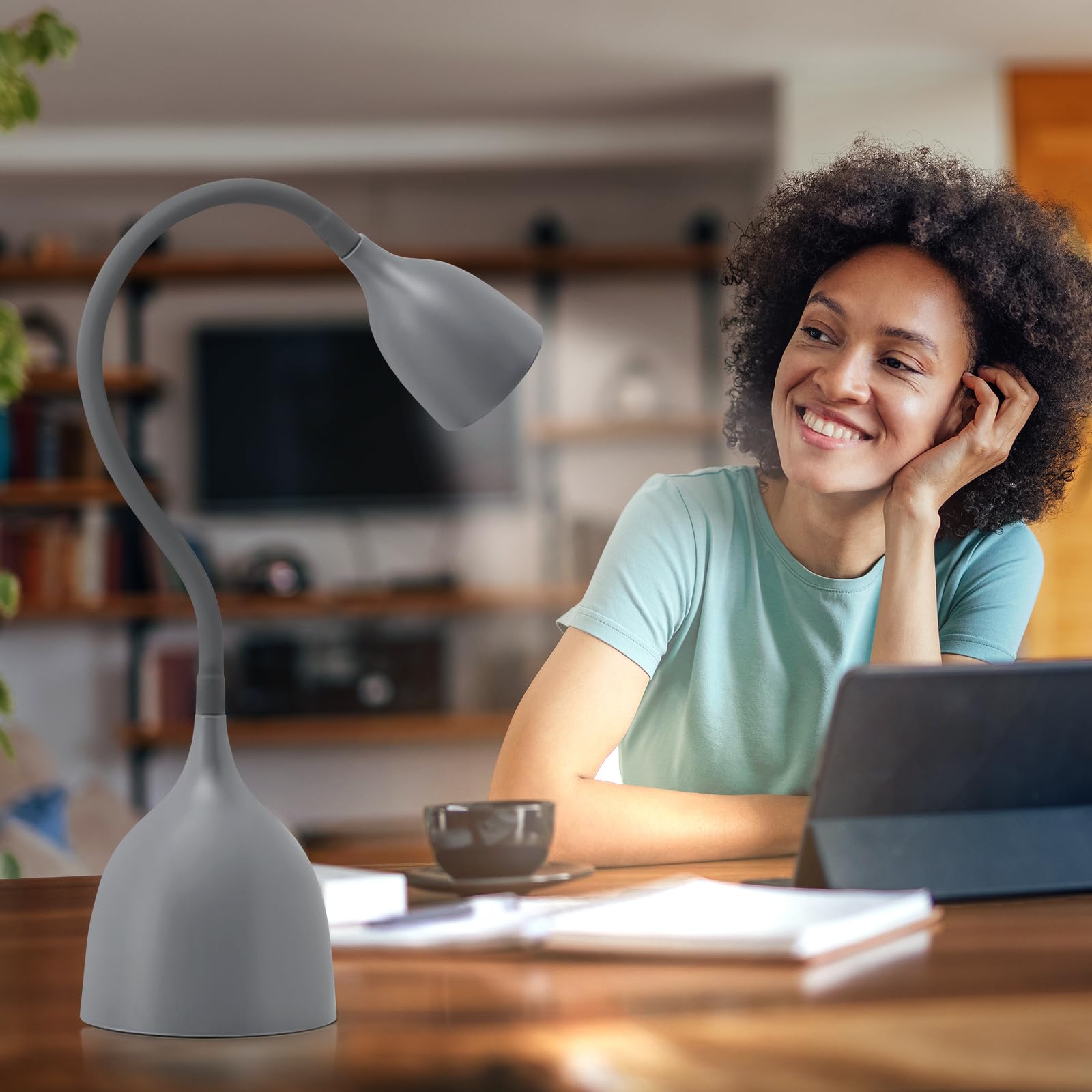 EJIAXIN Gooseneck Desk Lamp 360° Flexible LED Light for Small Spaces, Metal, Gray, Home Office, Bedroom, College Dorm