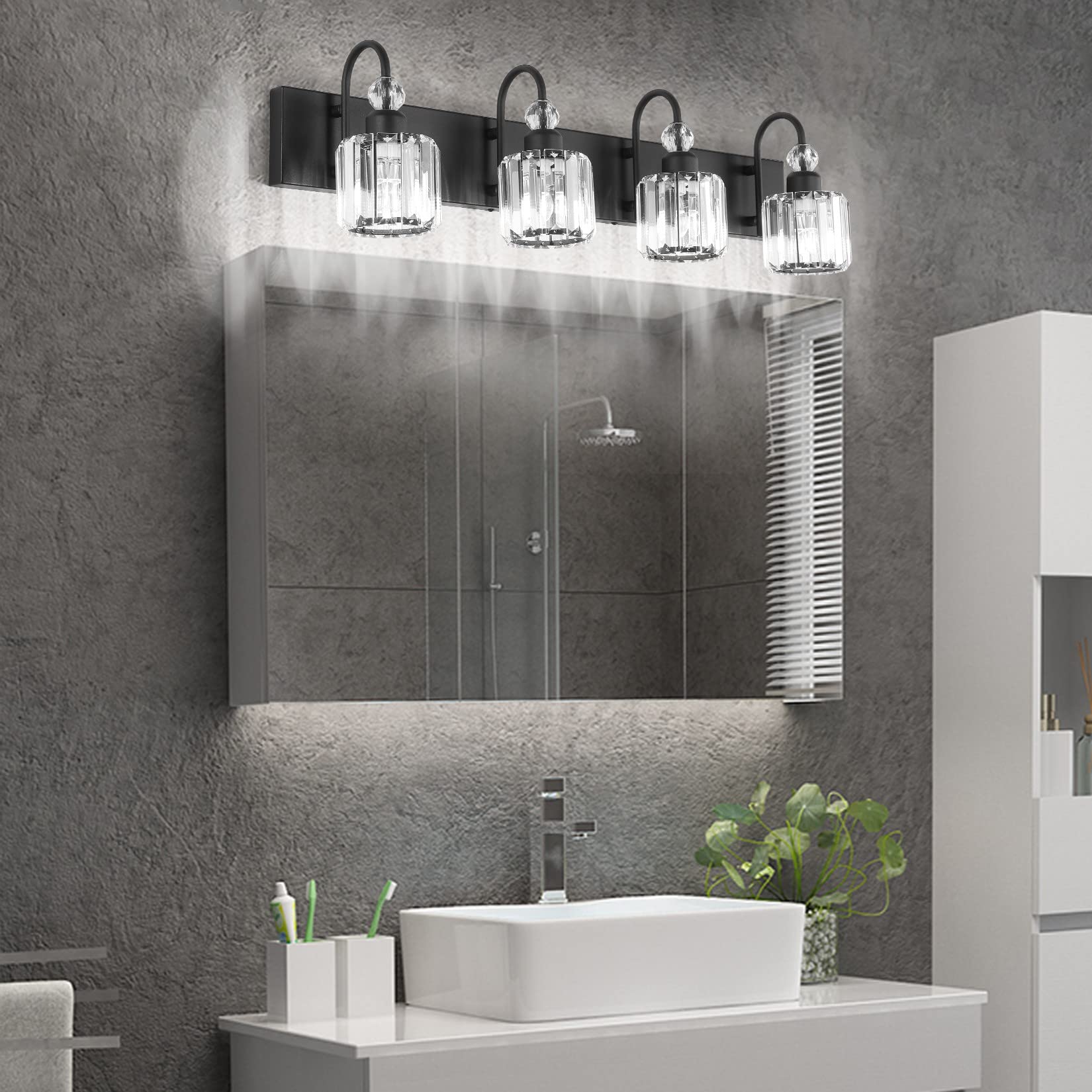 Ralbay Modern Black Vanity Light 4-Lights Metal Crystal Wall Fixture Matte Black Model 8600