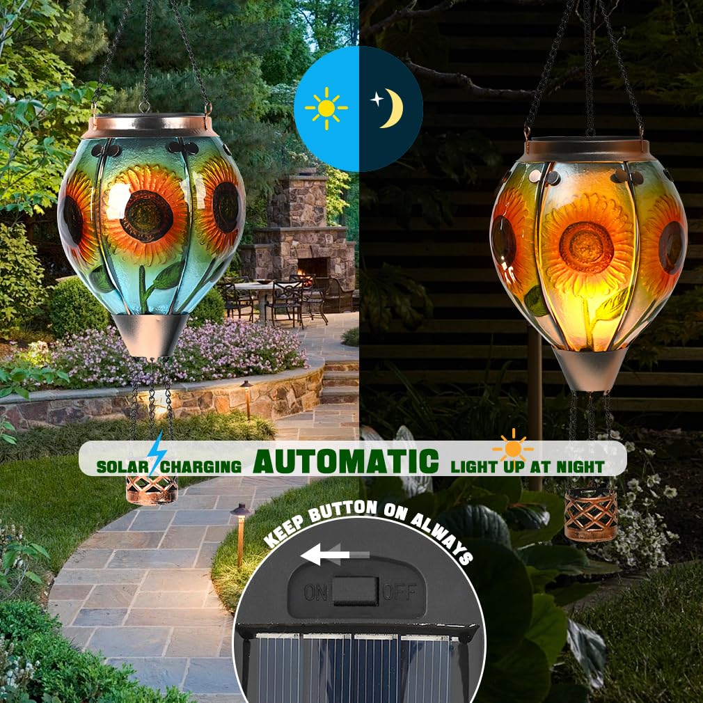 Hot Air Balloon Solar Lantern - Sunflower Glass Lantern  Simulated Flickering & Dancing Flame  Outdoor Hanging Yard Light Waterproof Ip65 For Patio Lawn Porch Decor Gift
