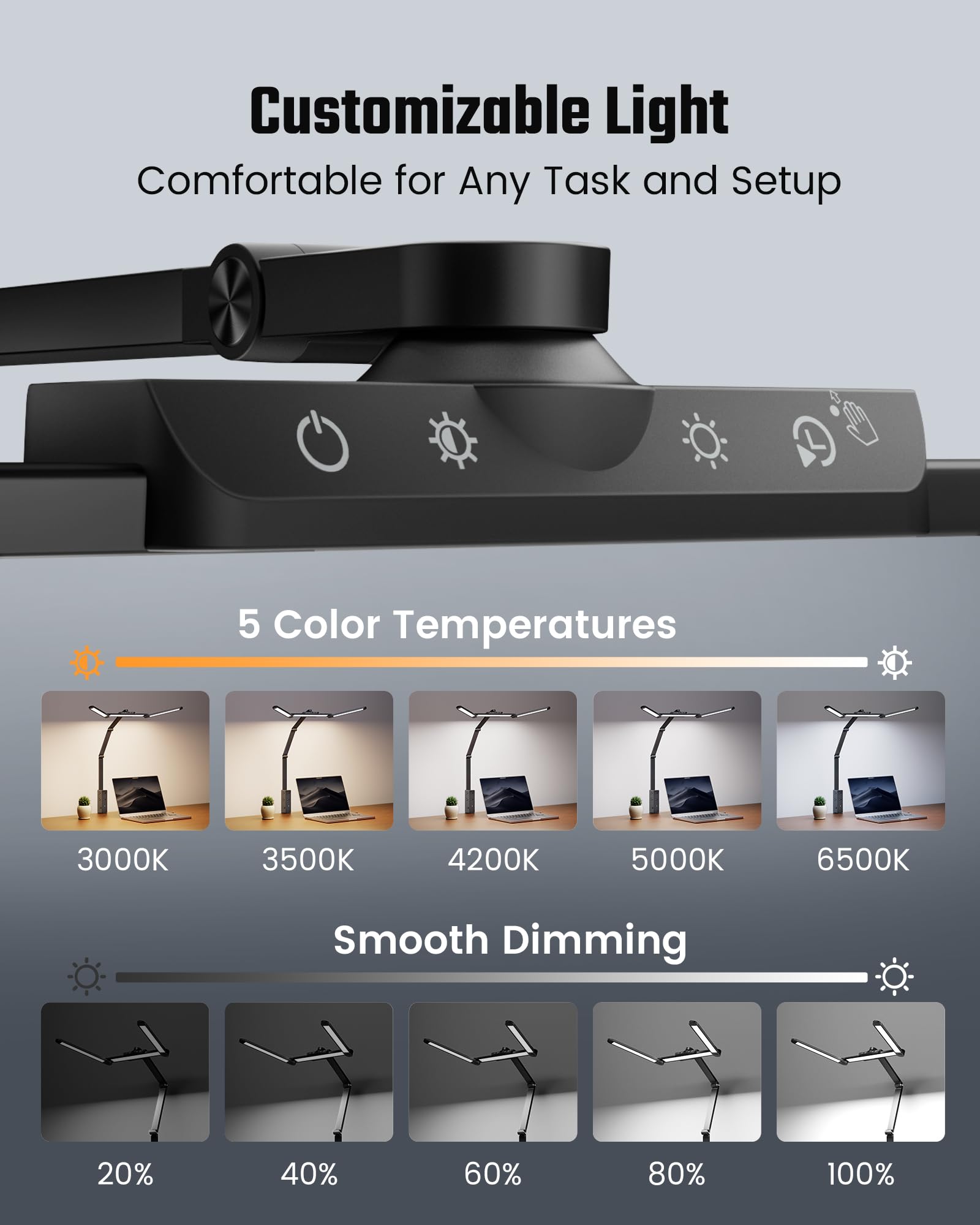 SUPERDANNY LED Desk Lamp with Power Strip, 6 Outlets, USB, Type-C, Large, Black, Model SDDL02, Touch & Wave Control