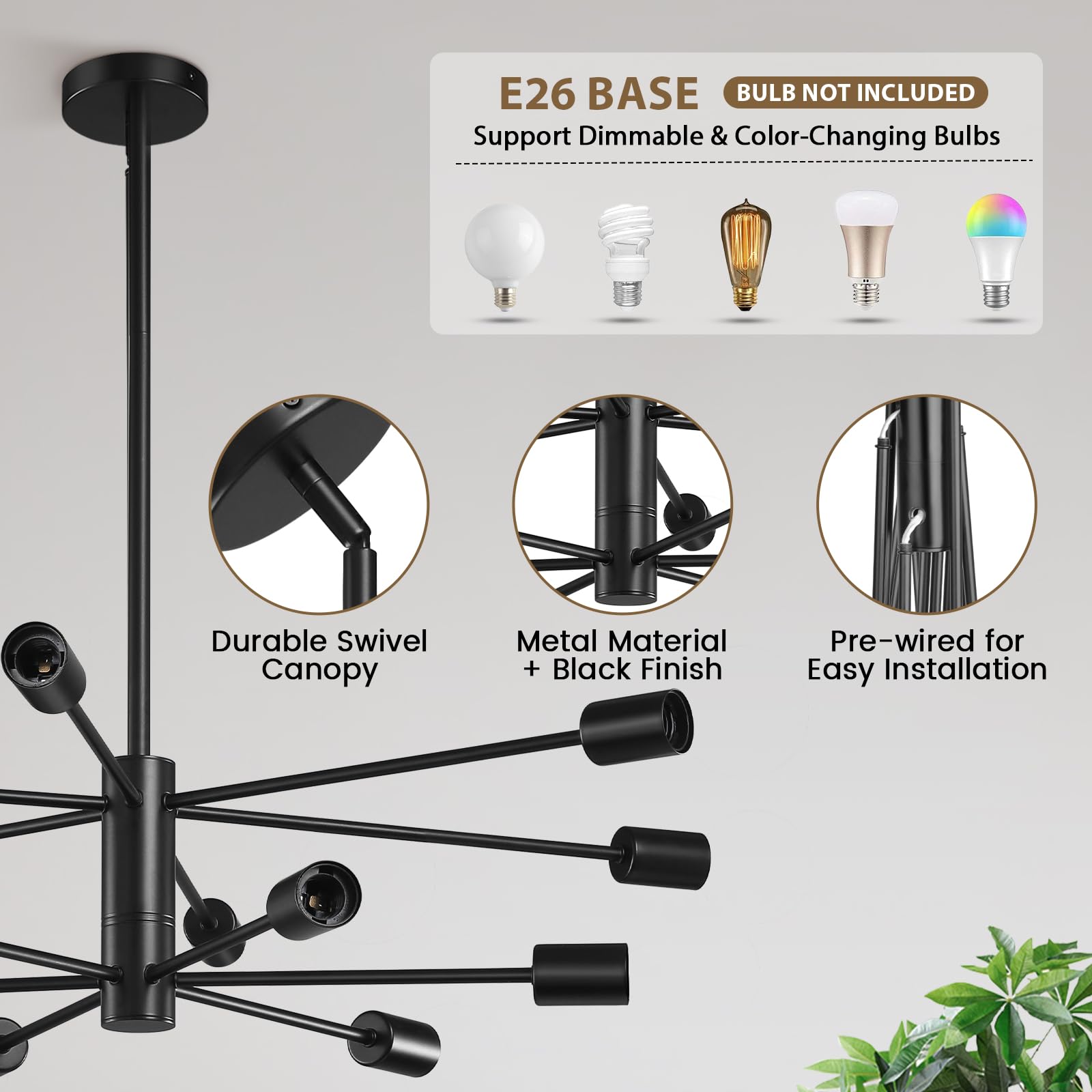 Kaisite Modern Sputnik Chandelier Ceiling Light Fixture 12-Light Black Farmhouse Chandelier Dining Room Chandelier Over Table He