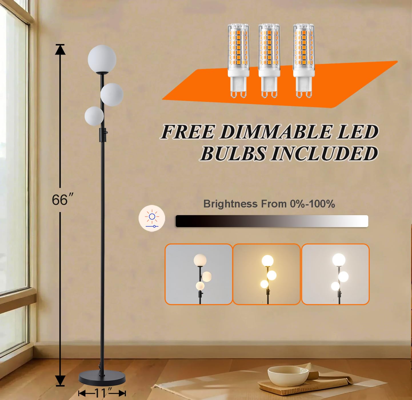Fiqevs Upgraded Dimmable 3 Globe Floor Lamp, 1000 Lumens Led Bulbs Included, Mid Century Floor Lamp For Living Room, Modern Stan
