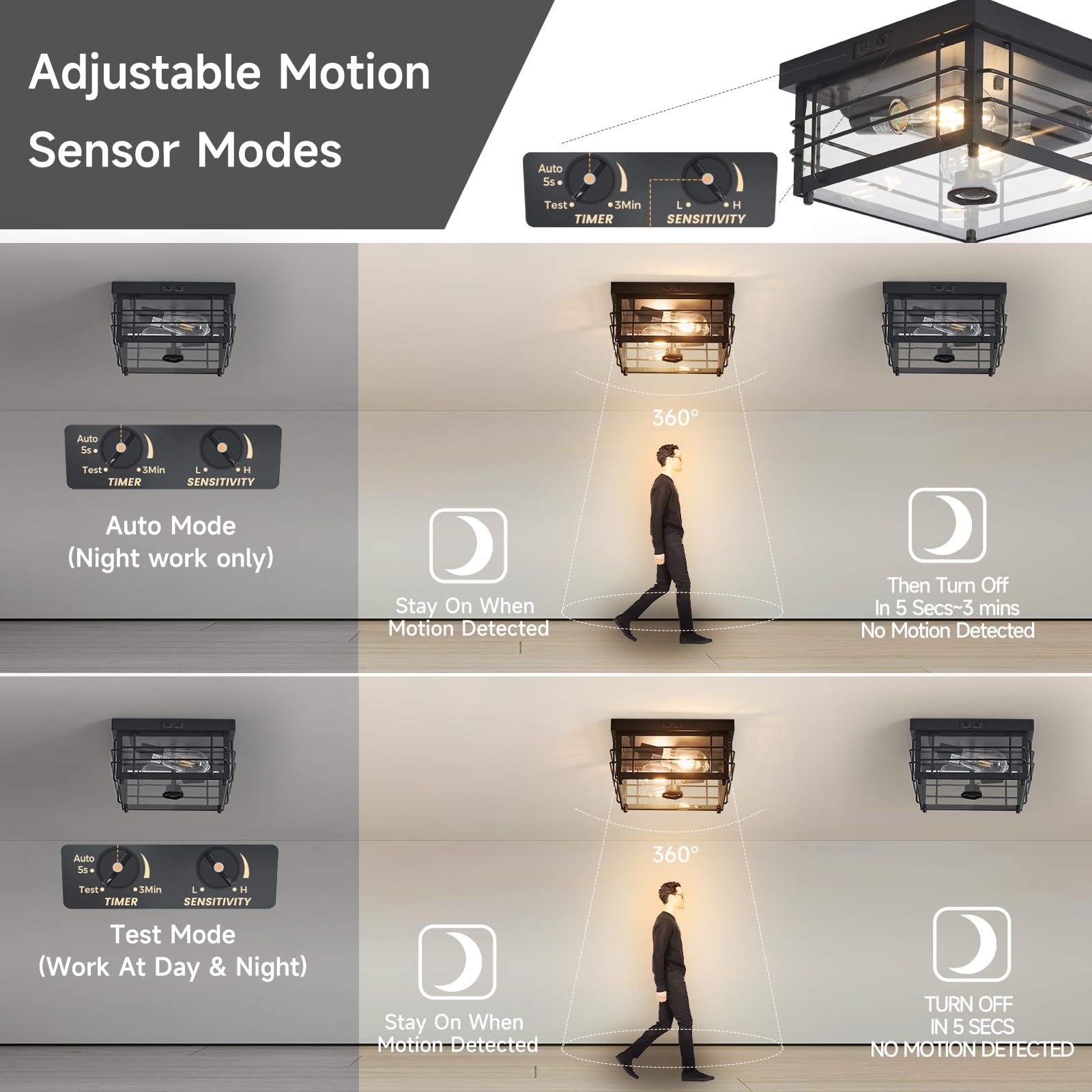 Yisuro Outdoor Ceiling Light With Motion Sensor Flush Mount Farm House Porch Light Ceiling Mount Adjustable 3 Modes Squares For