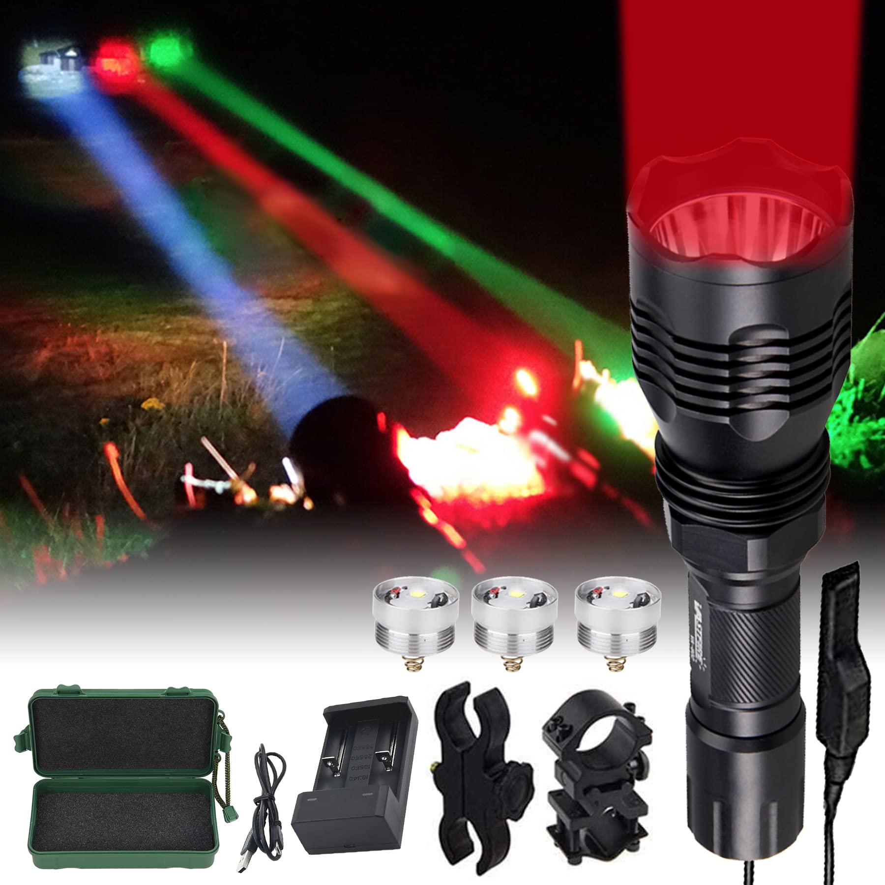 VASTFIRE Predator Light with Interchangeable (Red, Green, White) LED Hunting Flashlight with Scope Mount for Hog Coyote Coon Bob