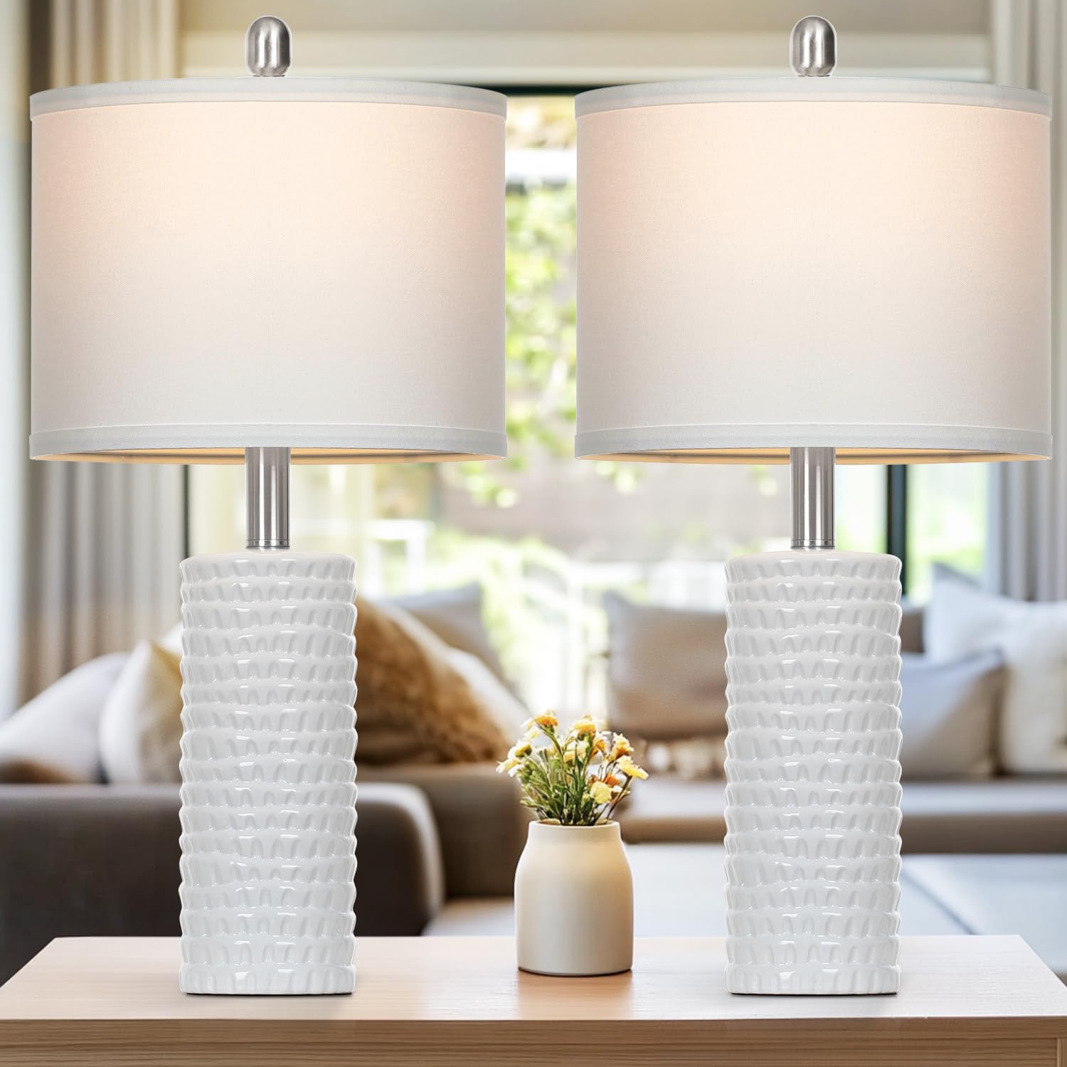24.5 Modern Ceramic Table Lamps for Living Room ,Farmhouse Nightstand Lamps Set of 2 with White Linen Shade Office Reading Lamp 
