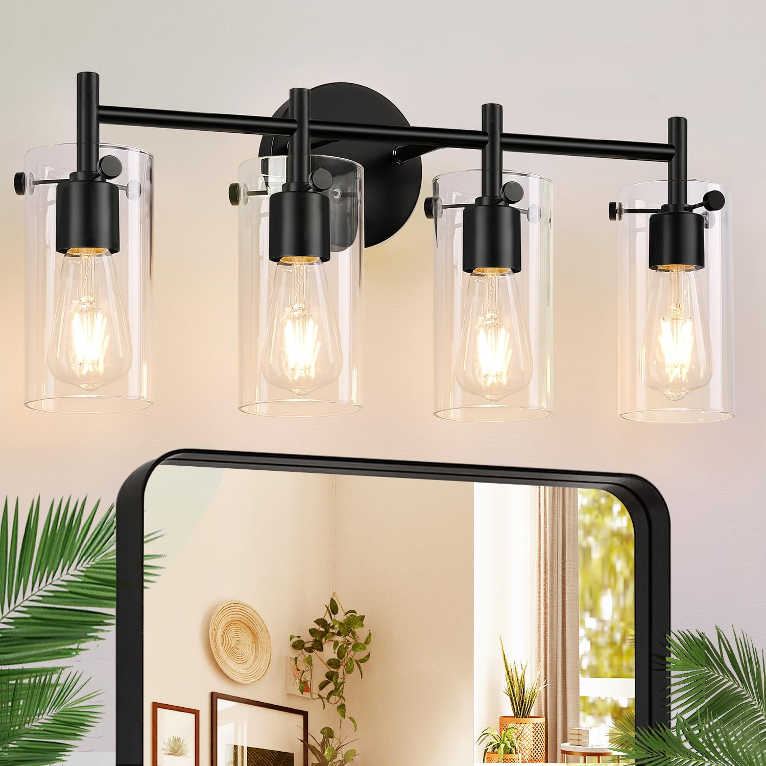 Bathroom Light Fixtures 2023 Upgrade, 4-Light Matte Black Bathroom Vanity Light, Black Bathroom Lights Over Mirror With Clear Gl