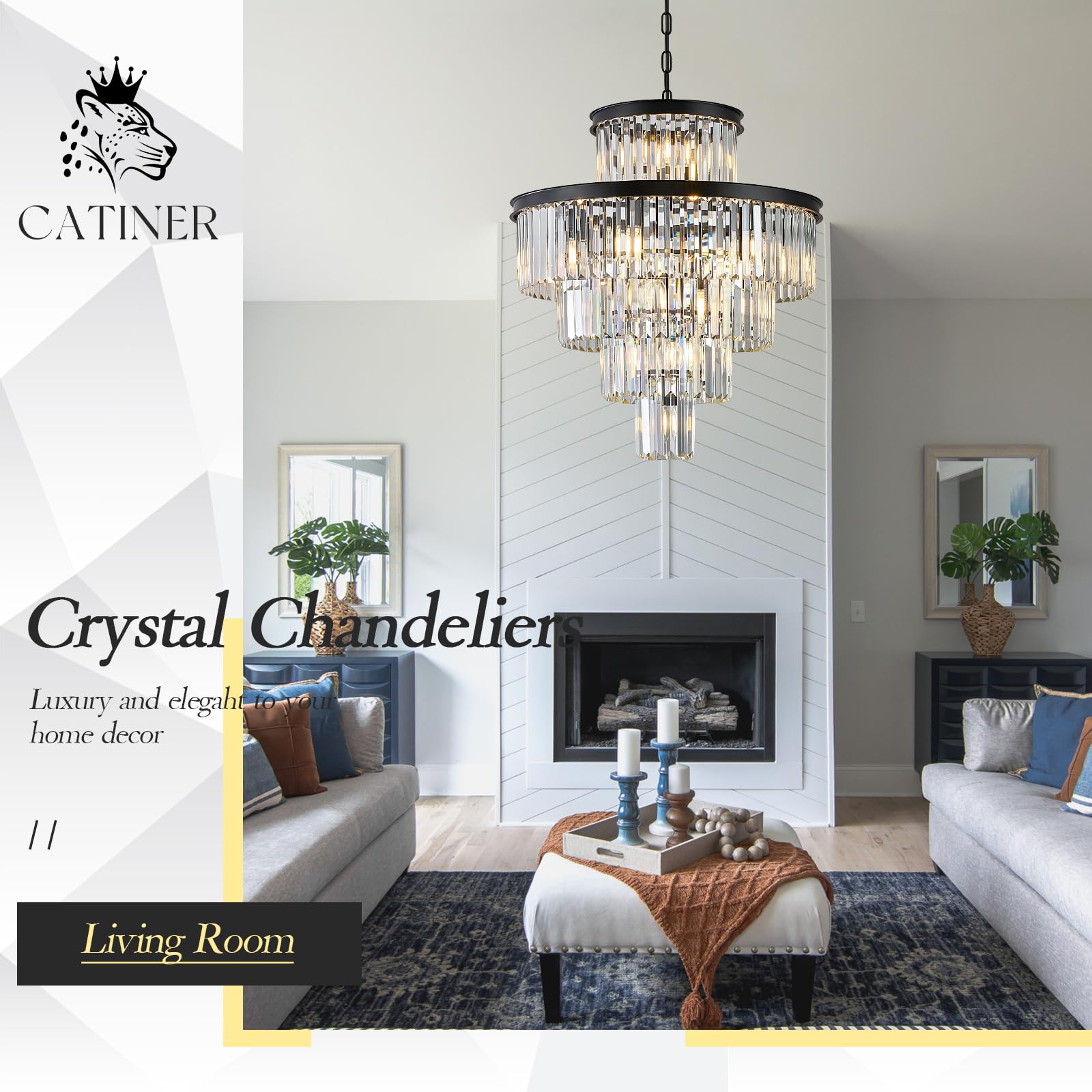 CATINER 24" Modern Crystal Chandelier, 15 Lights Black Pendant, Luxury 5-Tier K9 Crystals for Dining Room, Living Room, Foyer, Kitchen